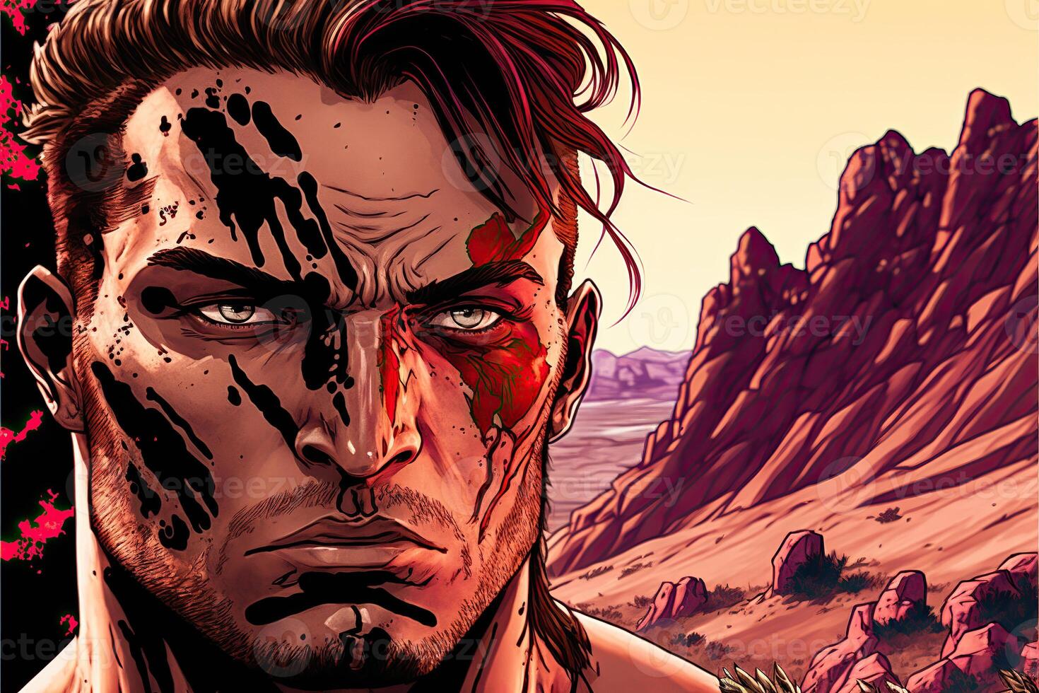 illustration of a Comic book hero, mountains in background photo