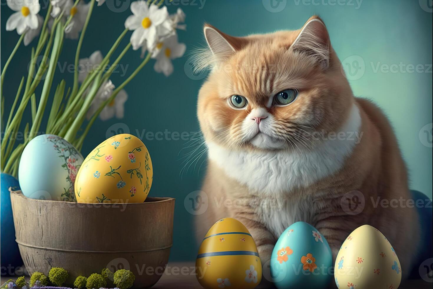 a fawn cat with easter eggs light green background photo