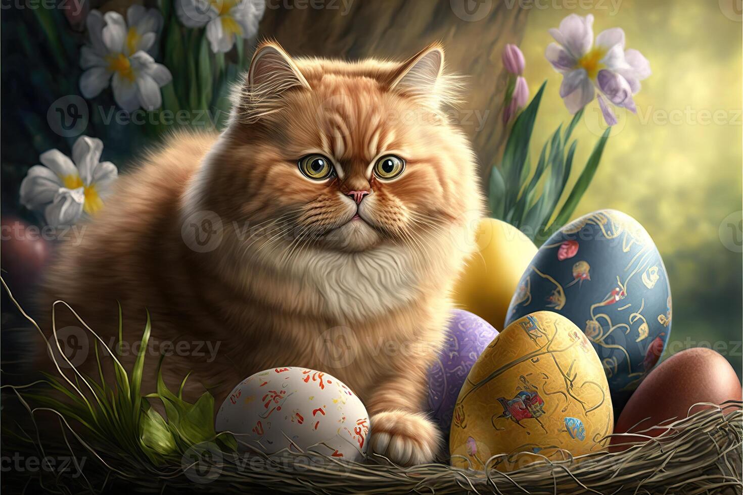 a fawn cat with easter eggs in a basekt forest background photo