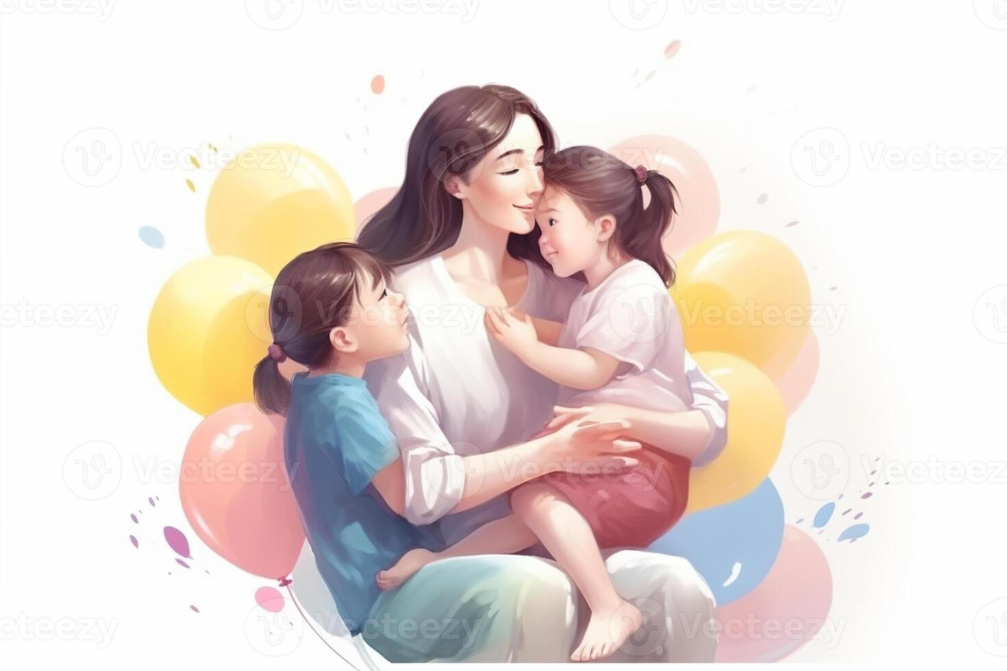 Mother's day greeting card with family and flowers. illustration. photo