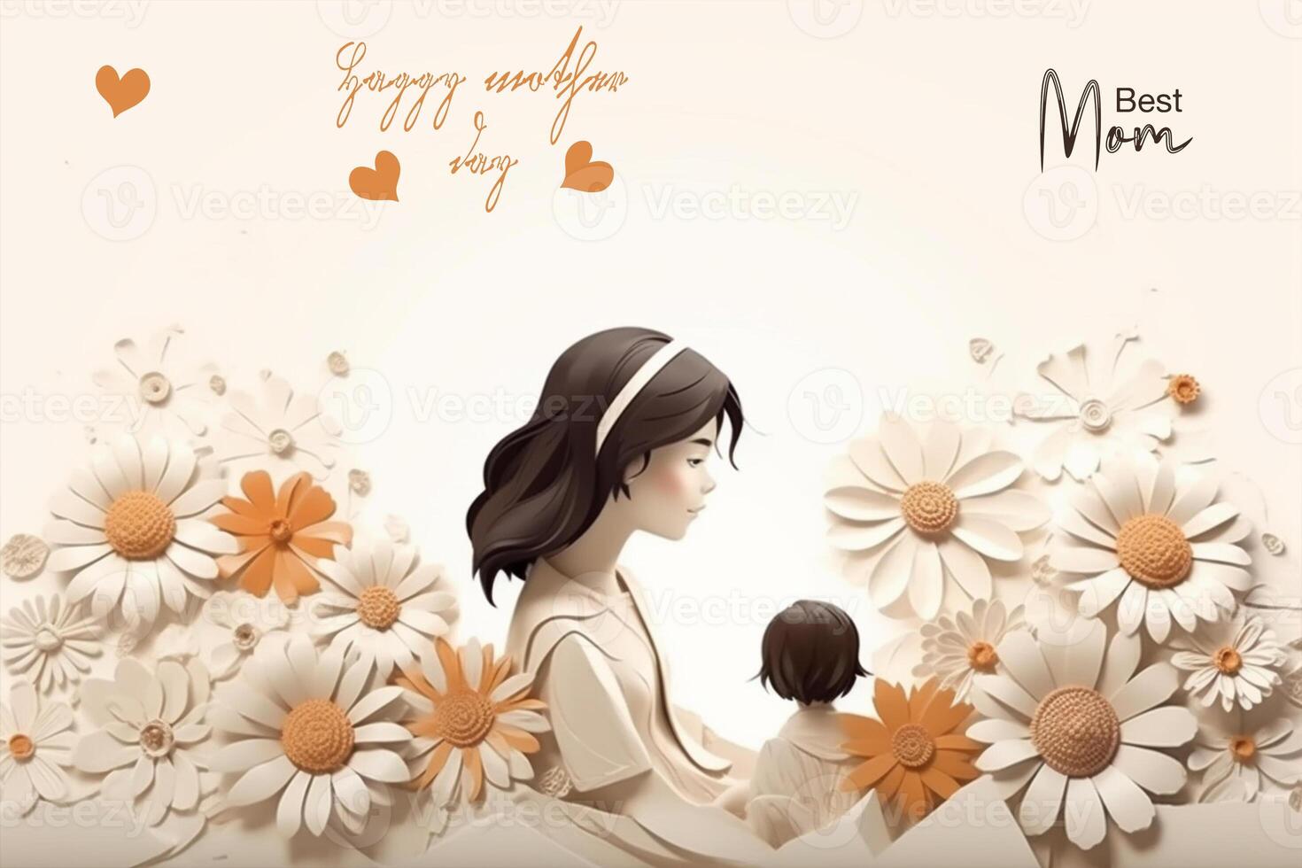 Mother's day greeting card with chamomile and little girl photo