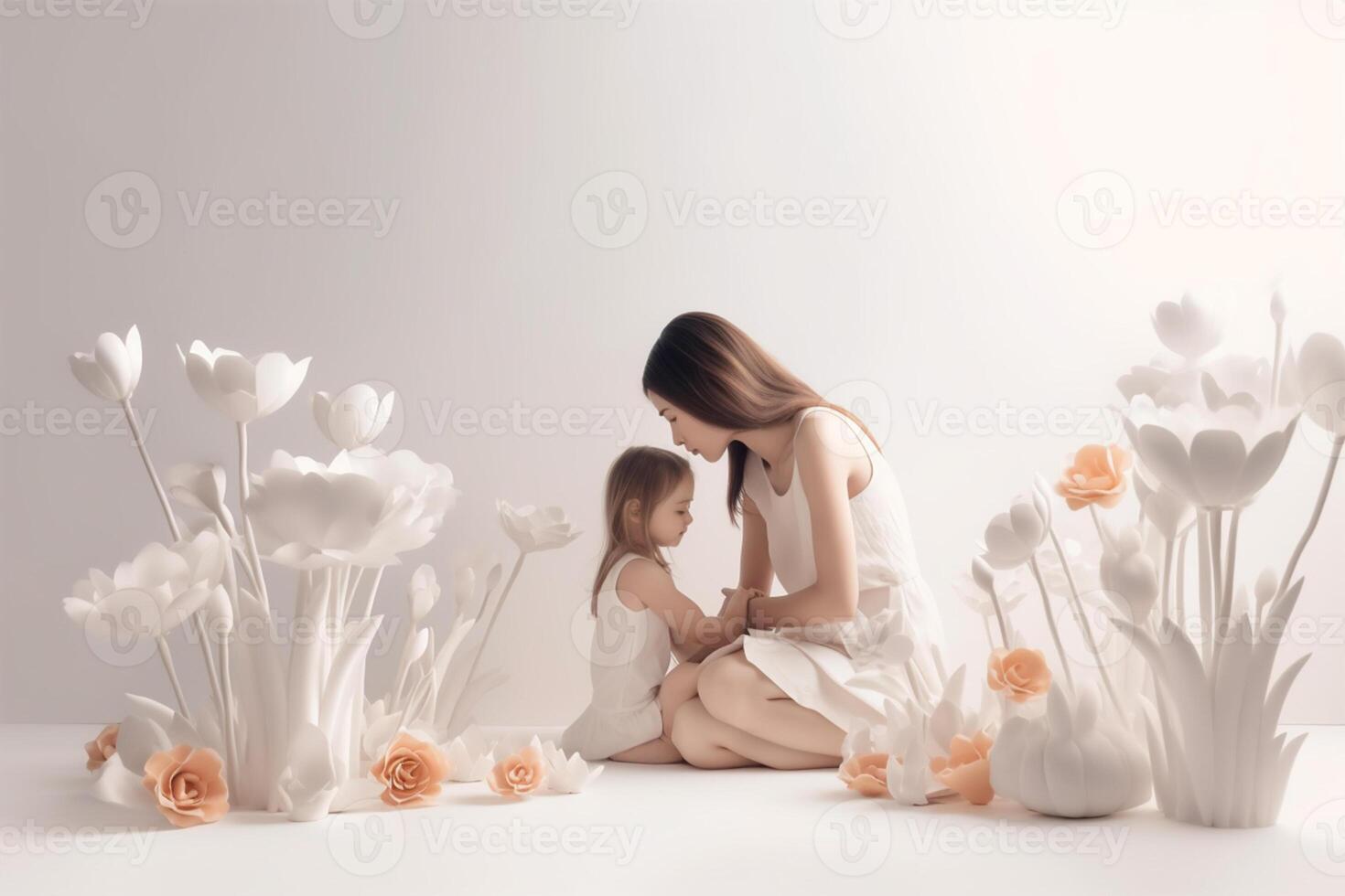 contento madre día. madre y hija en un guirnalda de flores en un blanco antecedentes generativo ai foto