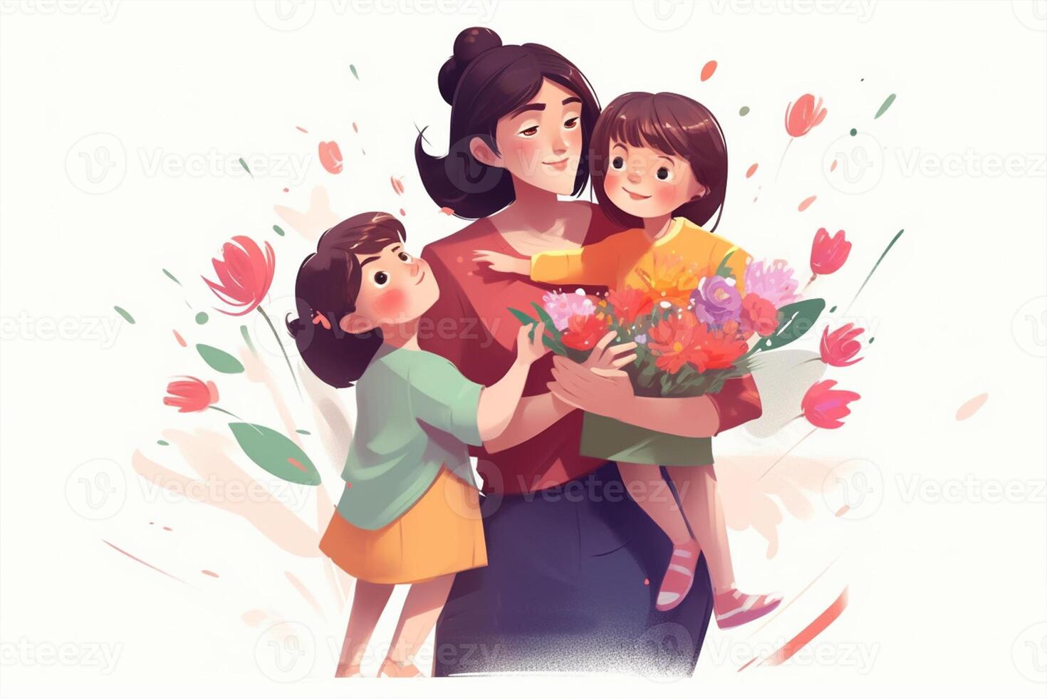 Mother's day greeting card with family and flowers. illustration. photo