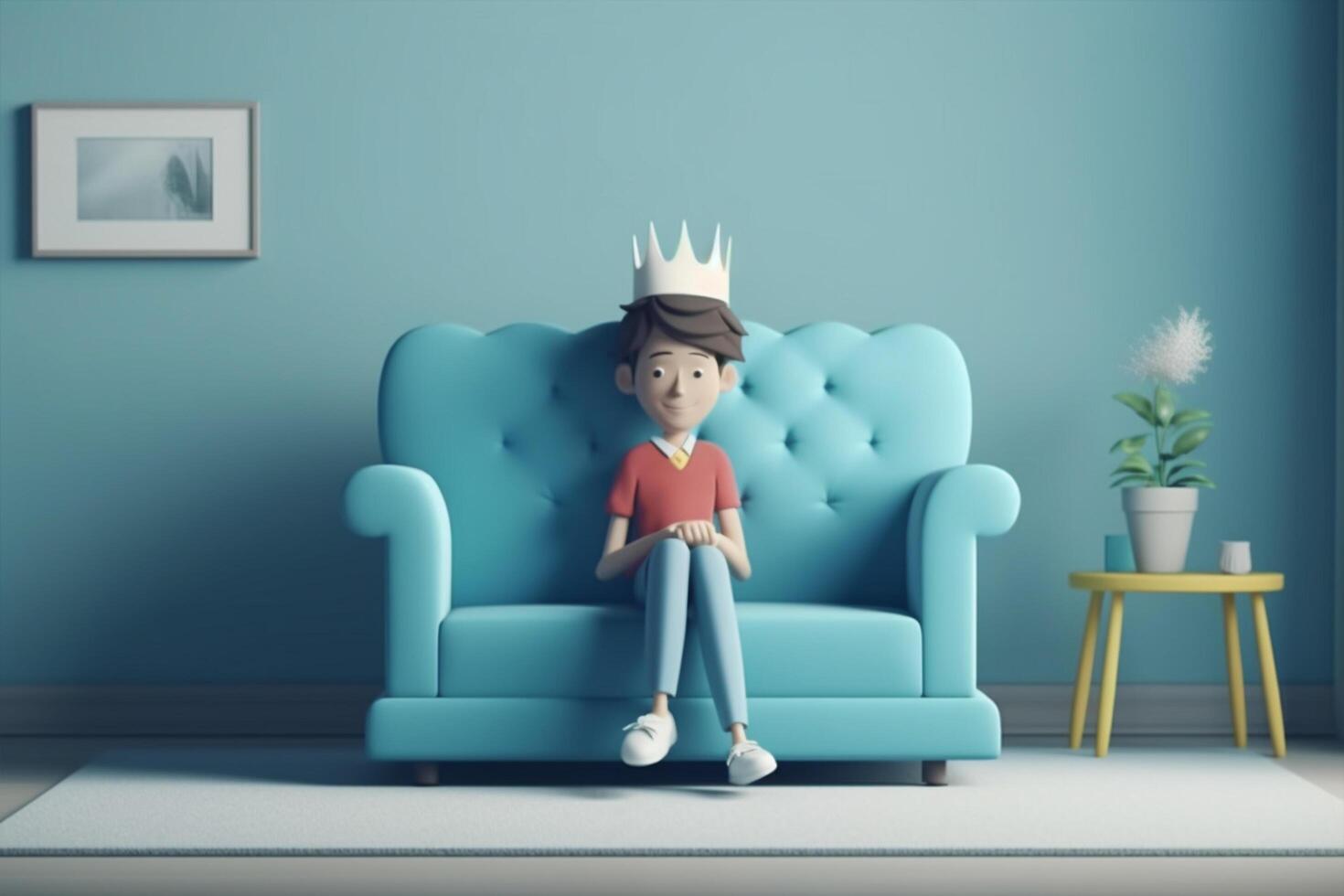 3d rendering of a boy wearing a crown sitting on a sofa photo