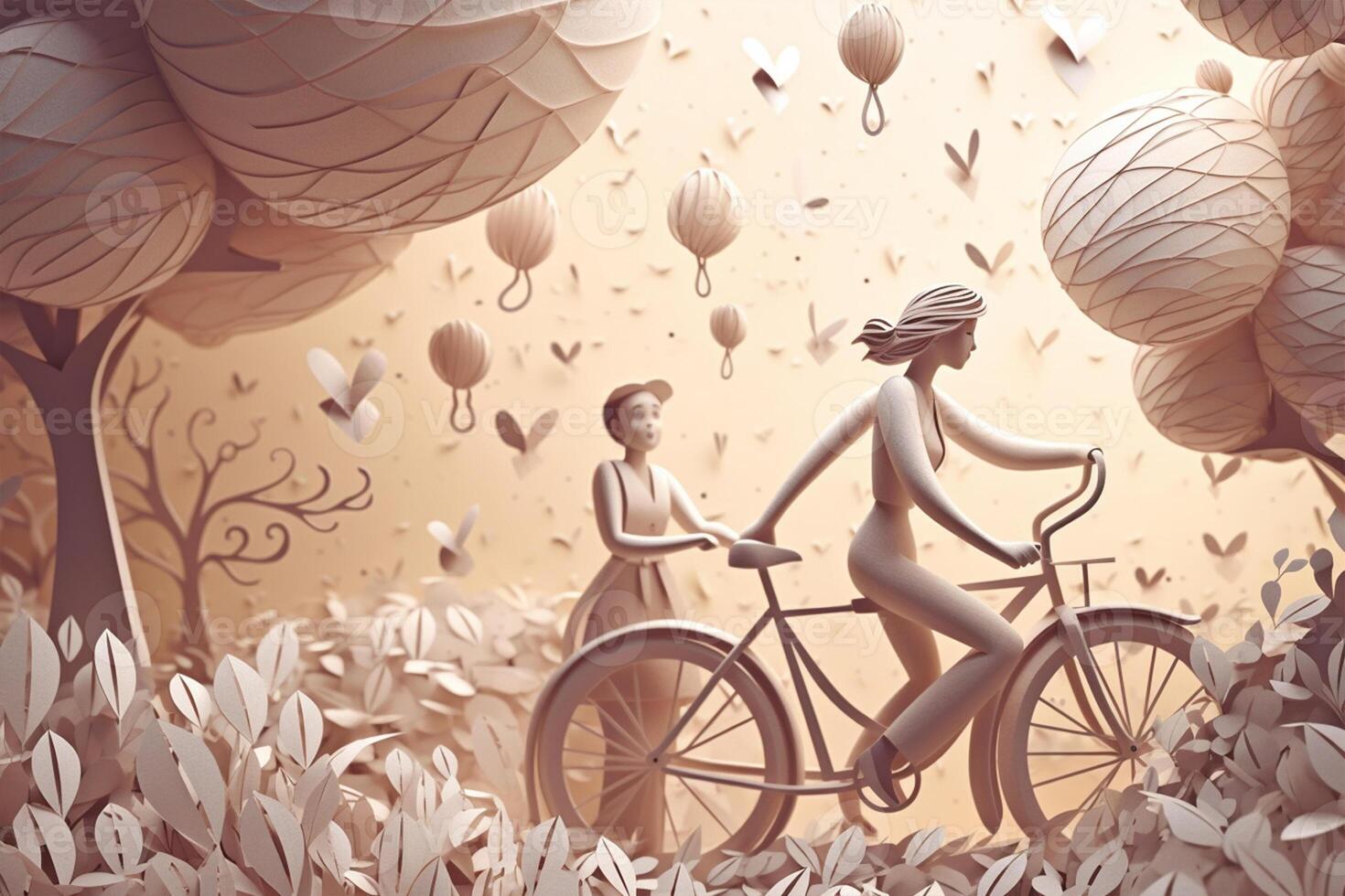 mother day. mother with child riding bicycle and hot air balloons flying in the sky. photo
