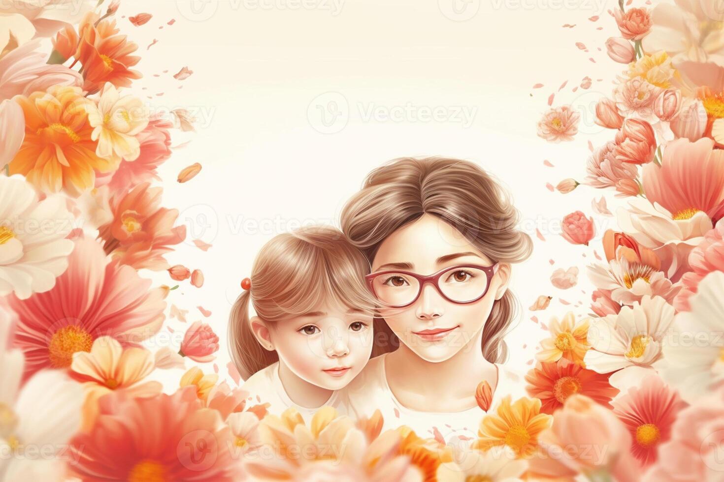 Mother's day greeting card with family and flowers. illustration. photo