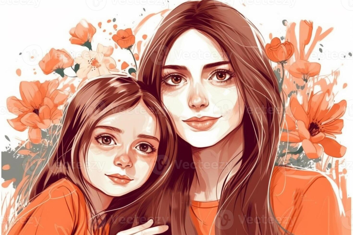 Mother's day greeting card with family and flowers. illustration. photo