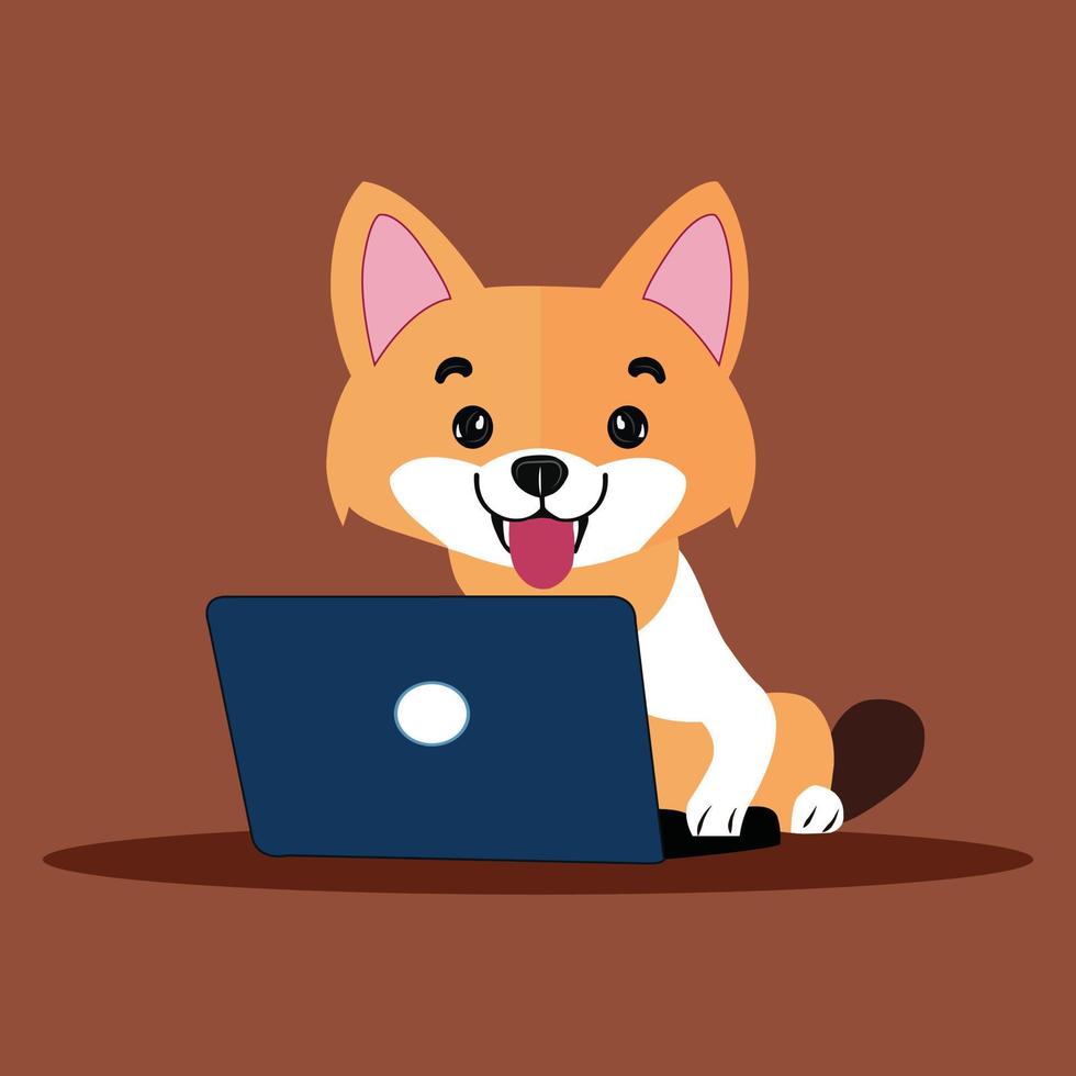 A cute cartoon dog use laptop vector illustration