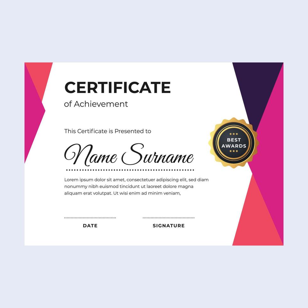 Black and pink certificate of achievement suitable for awards in corporate, personal business, and community vector