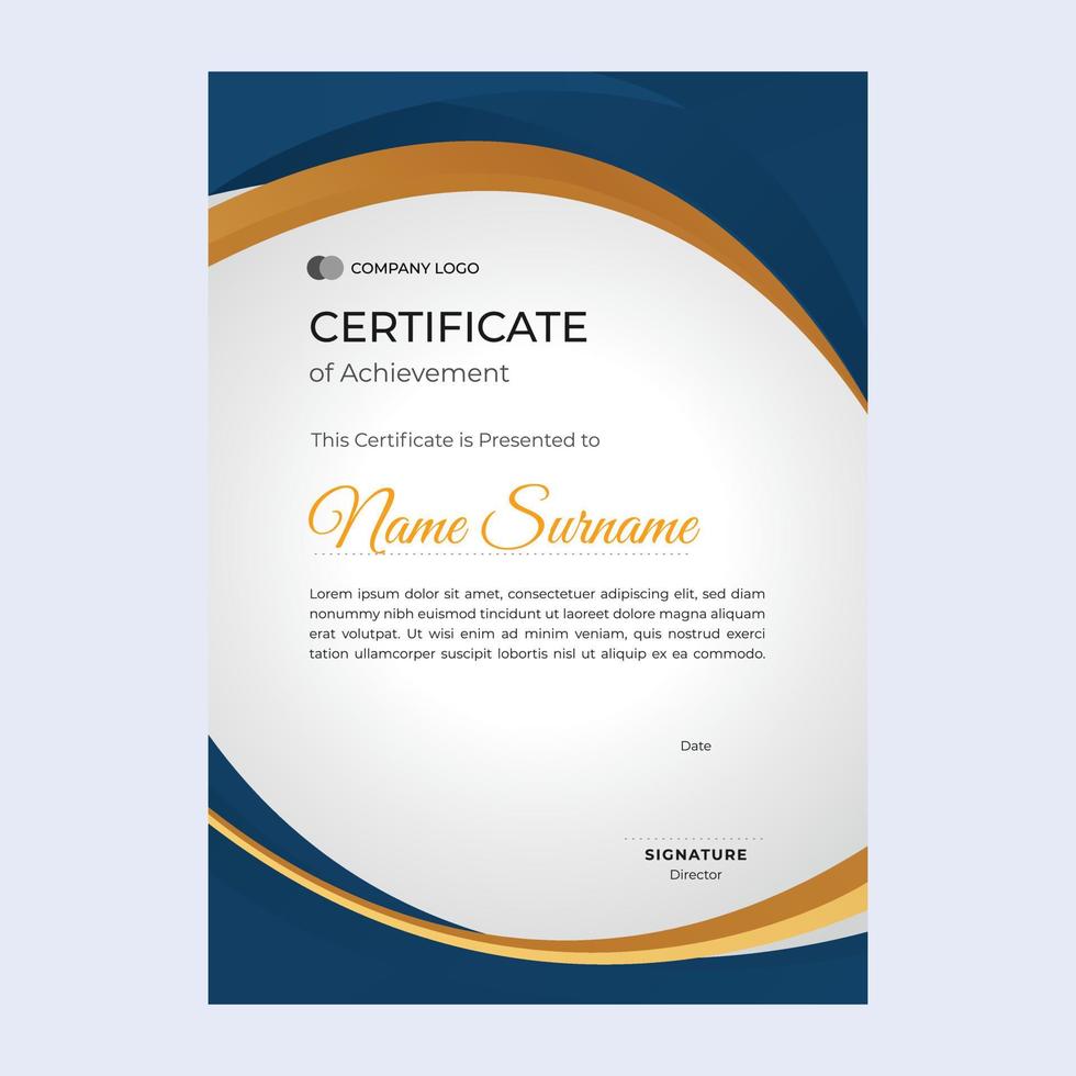 Navy and gold certificate of achievement suitable for awards in corporate, personal business, and community vector