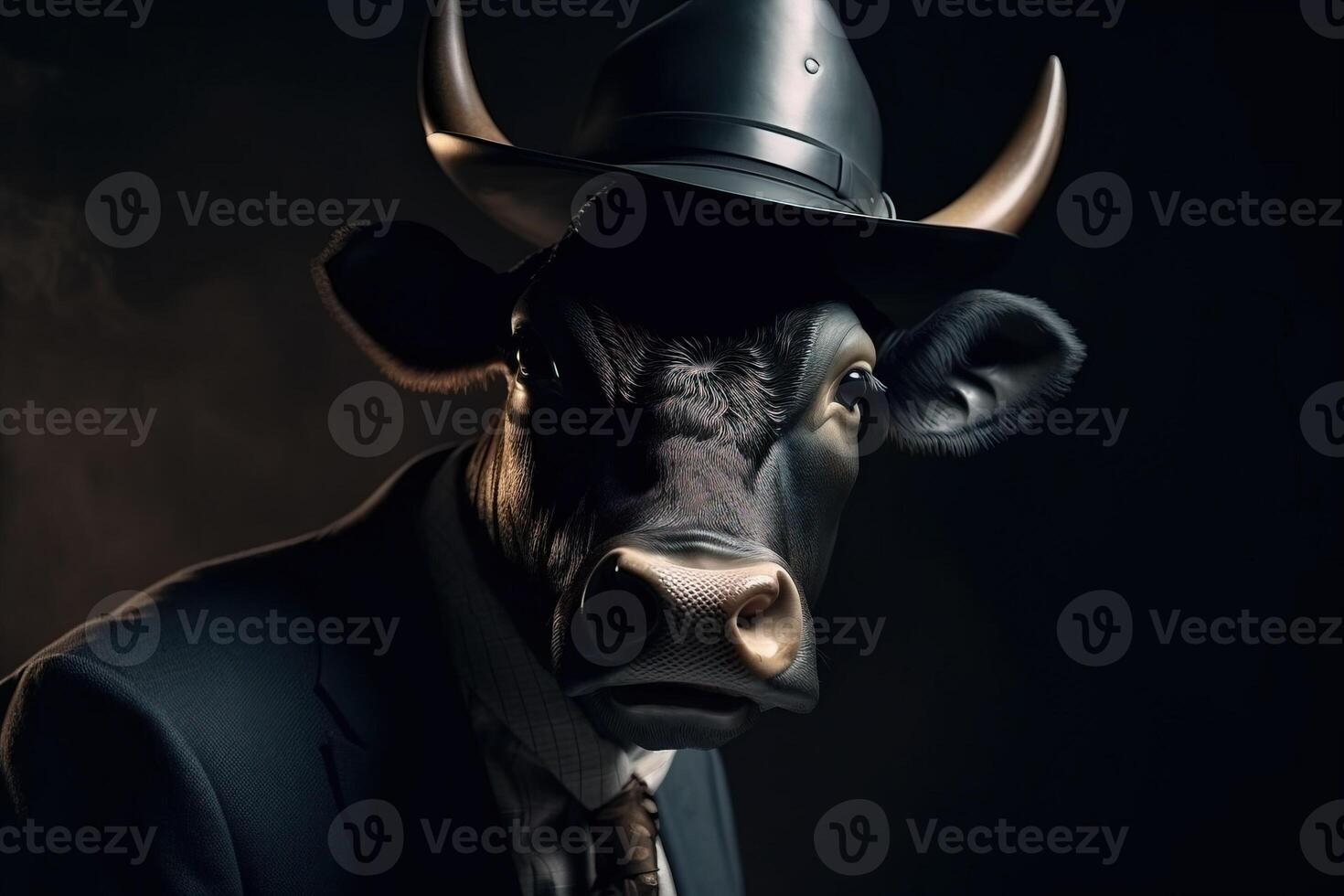 Animal horned bull in cowboy hat gentleman and boss. . photo