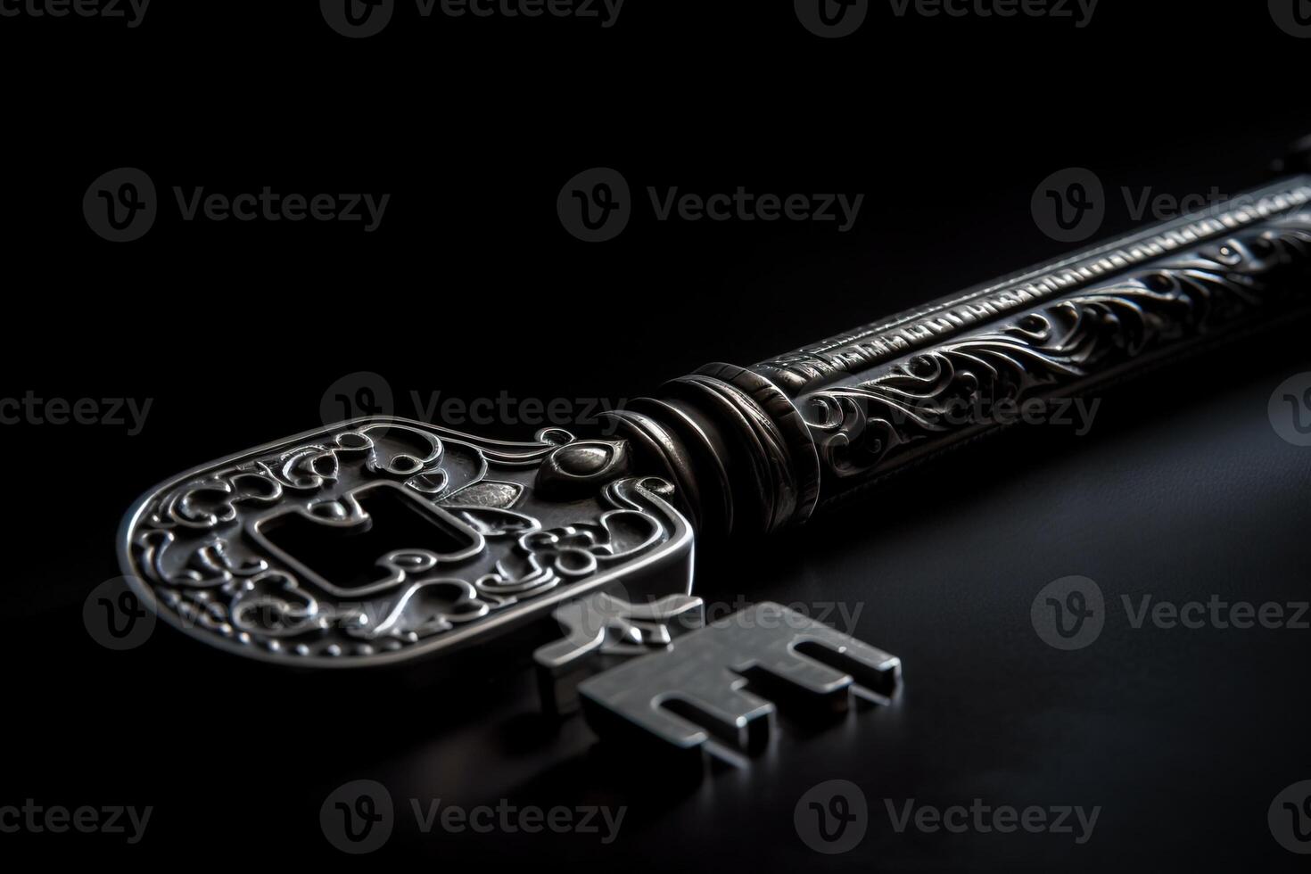 Metal bronze key from the lock on a dark background. . photo