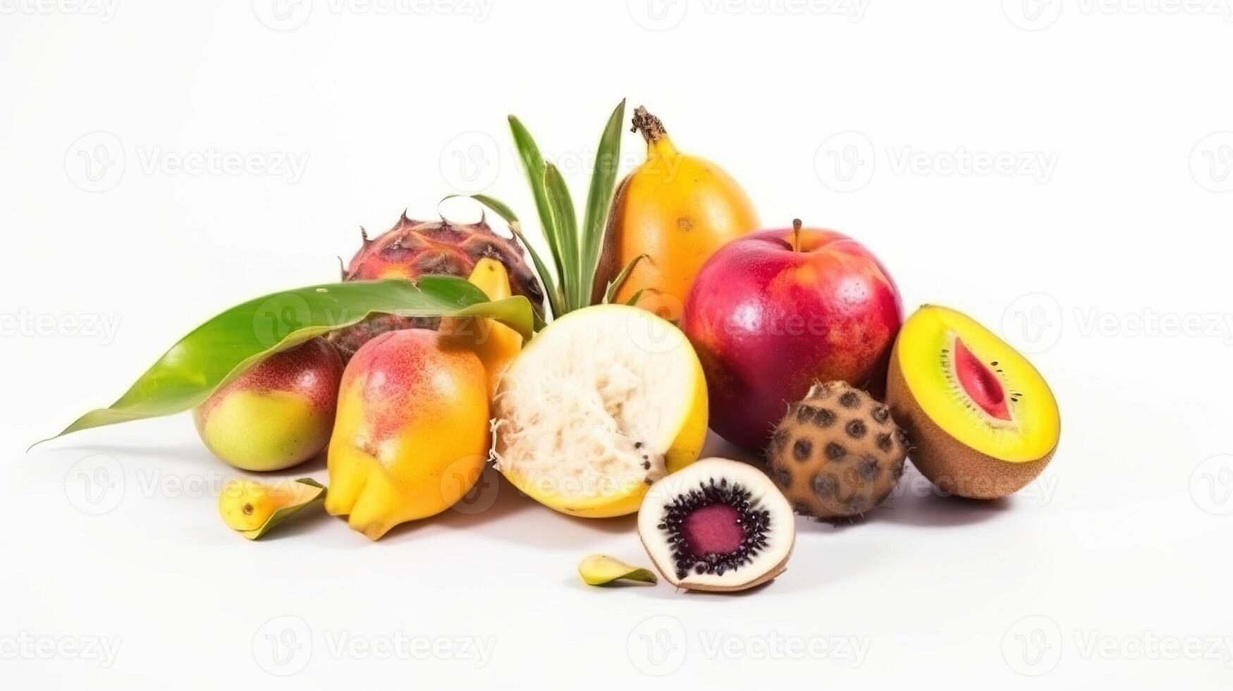 Assortment of exotic tropical fruits isolated on white background. Bananas, passion fruit, sweet dessert with vitamins. . photo