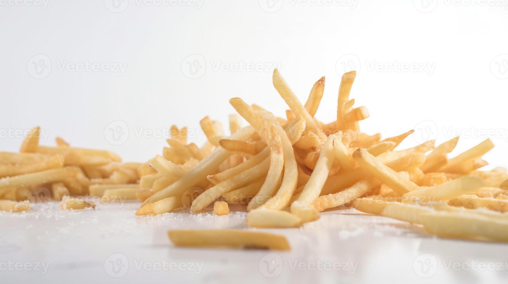 Fried hanging french fries with salt in a pile on a white background isolate. . photo
