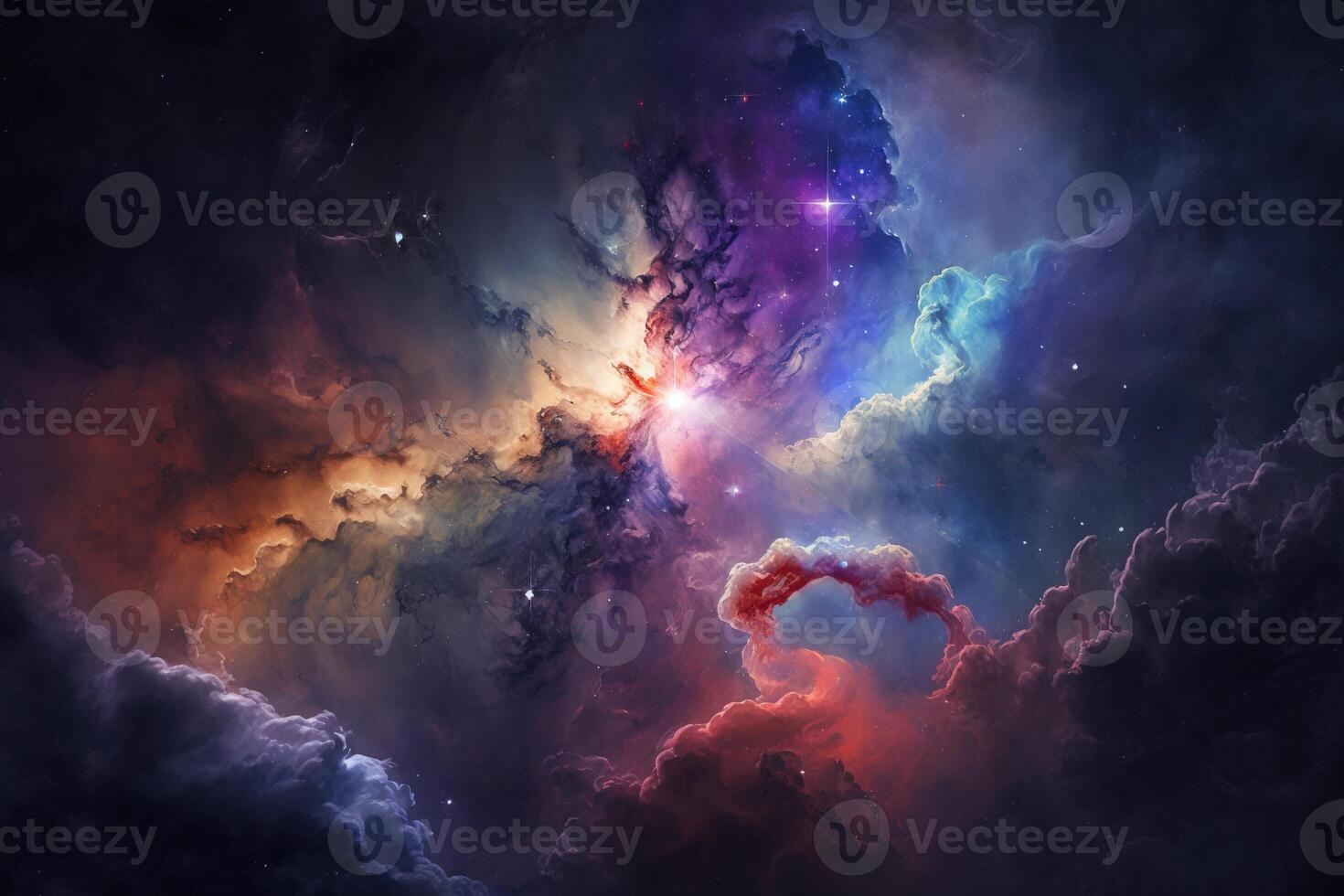 Stars and planets of the space nebula on a dark blue background. . photo
