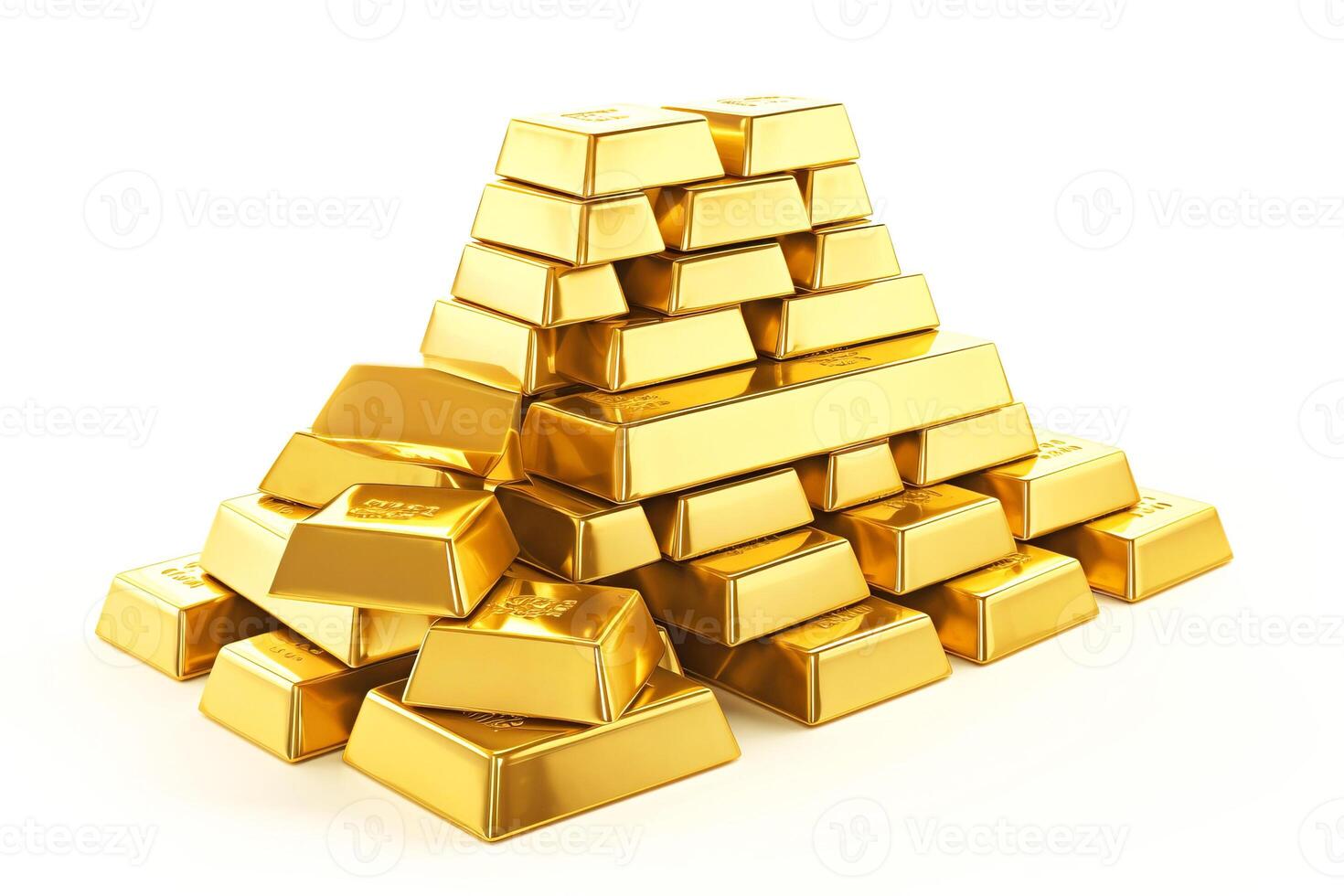 Gold bars stacked in a pyramid on a white background. Precious metal. . photo