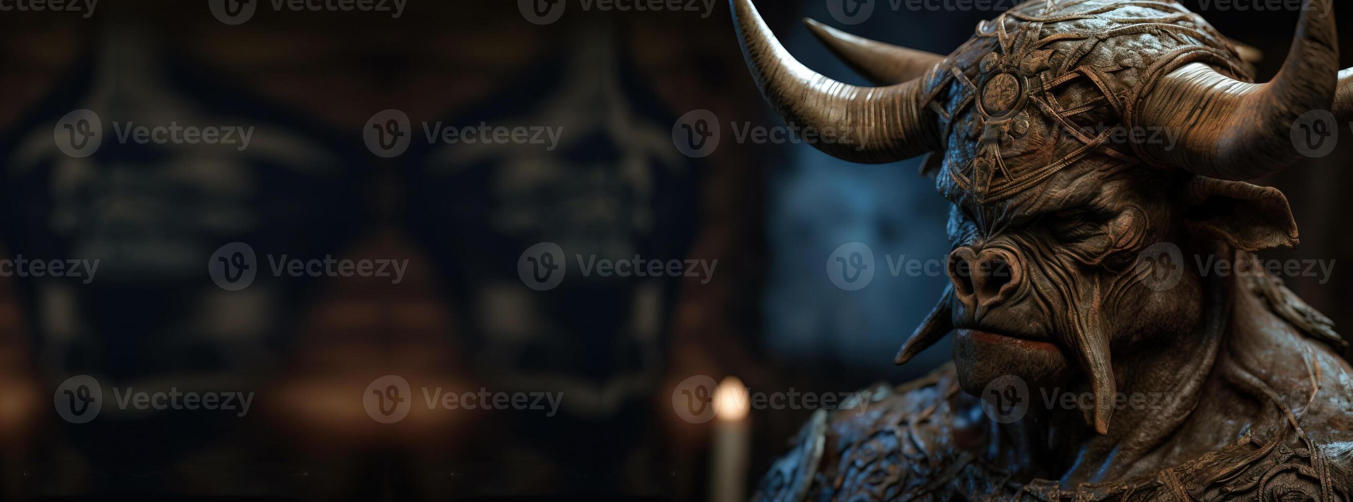 Minotaur mythological bull man with big horns, creature from legends. . Header banner mockup with space photo