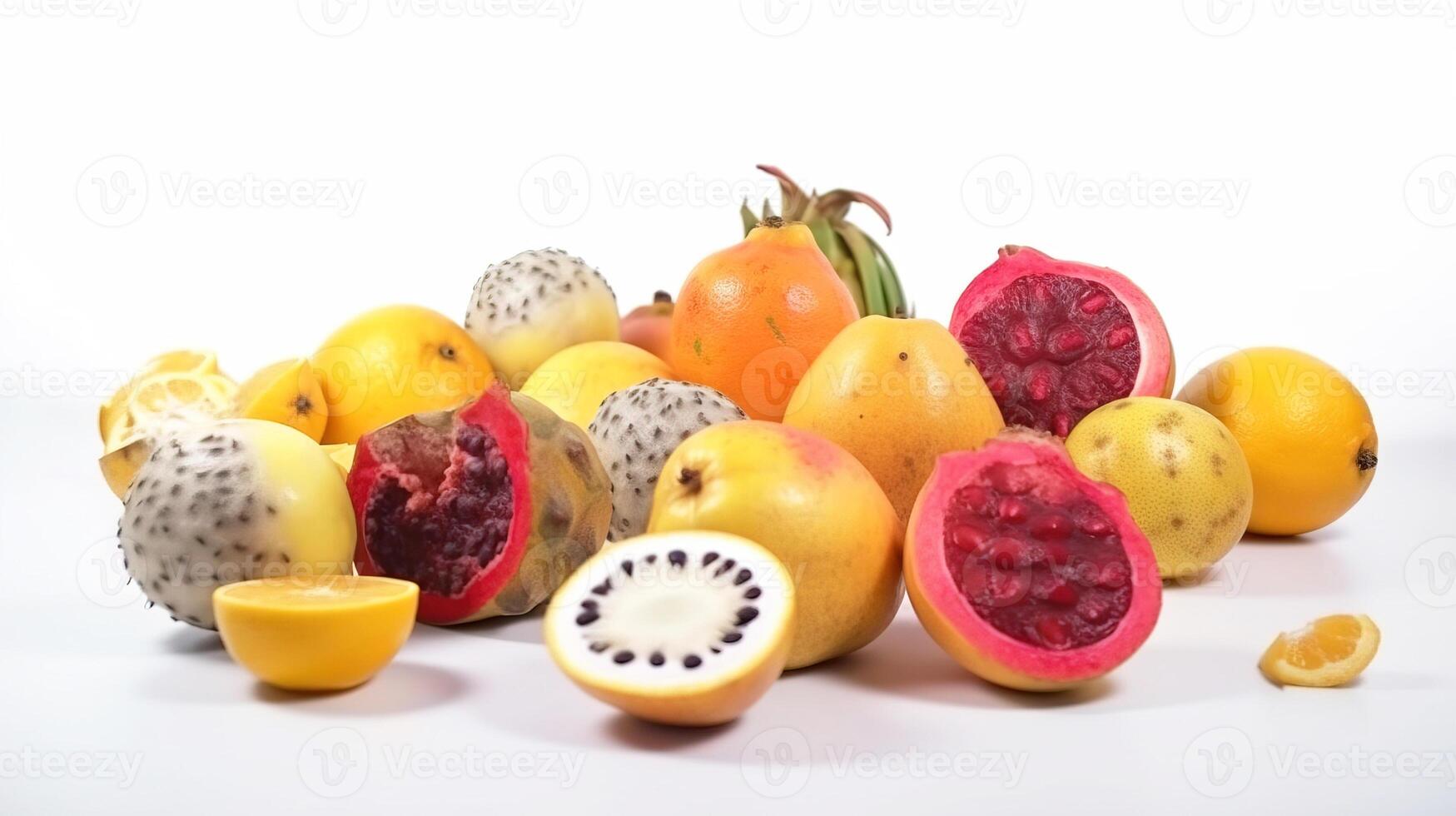 Assortment of exotic tropical fruits isolated on white background. Bananas, sweet dessert with vitamins. . photo