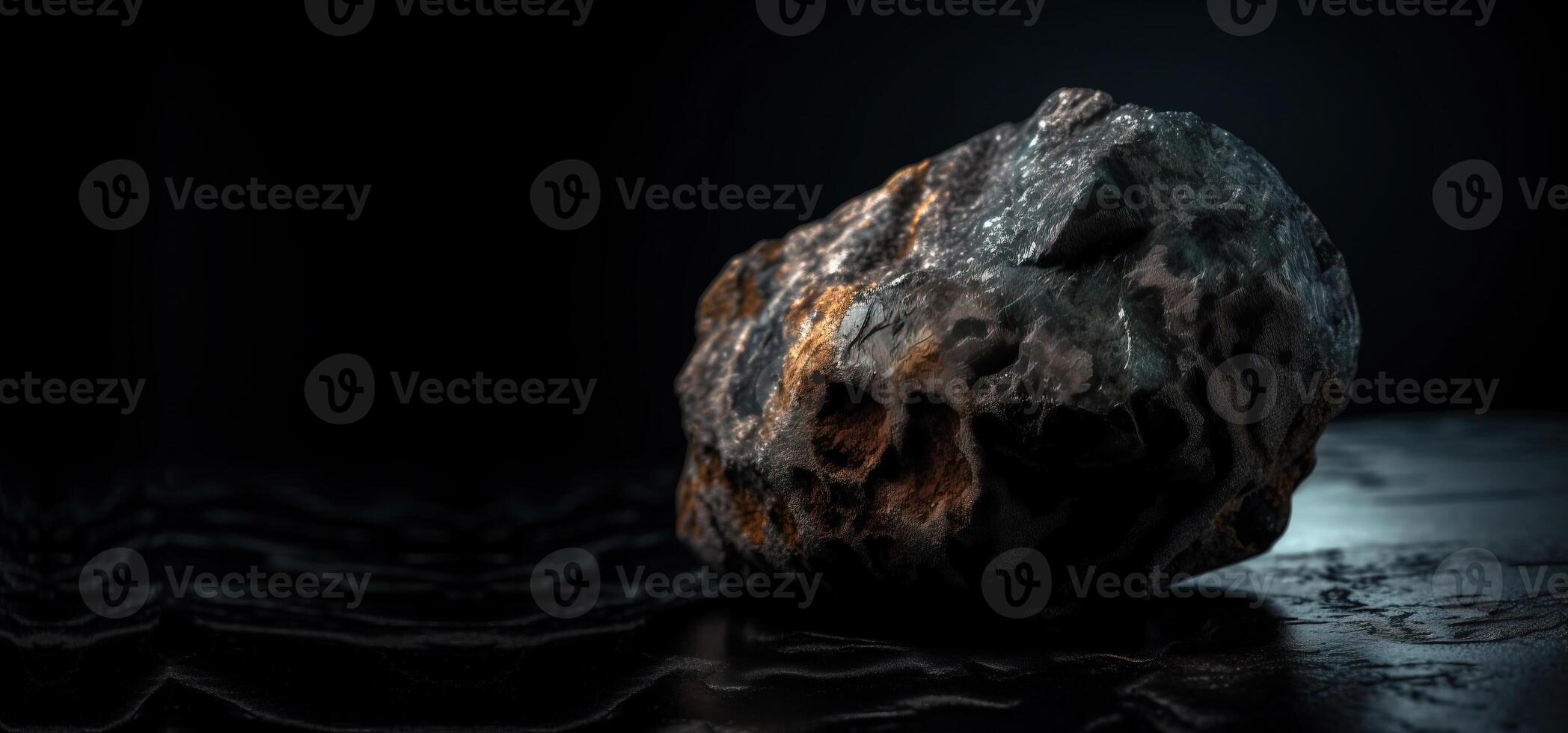 Pudretite is a rare precious natural stone on a black background. . Header banner mockup with space. photo