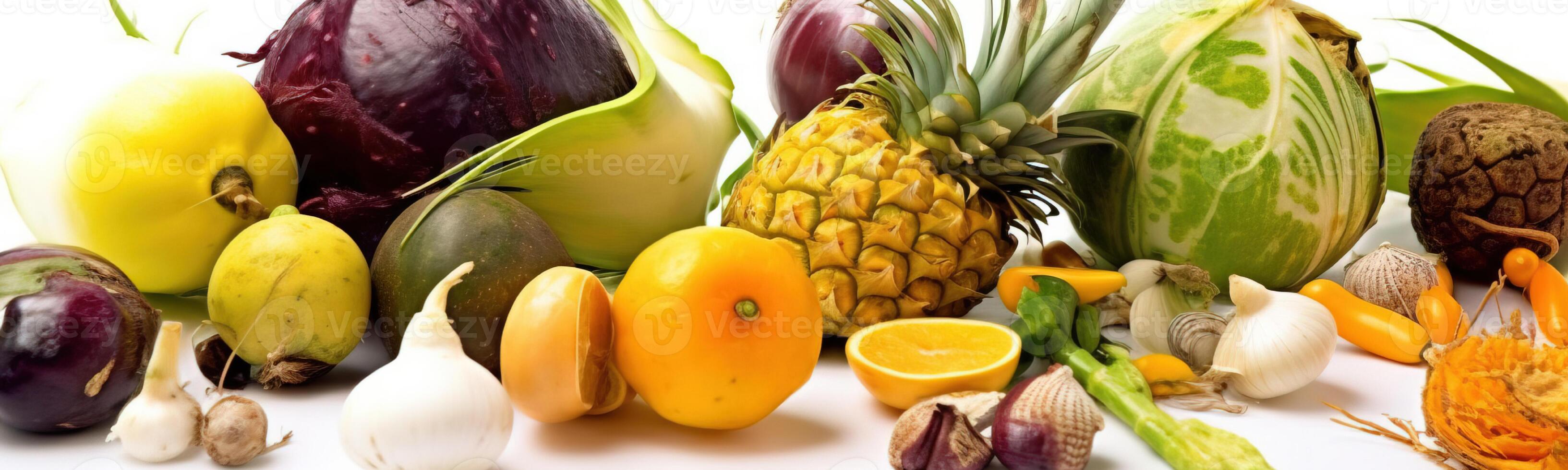 Assorted exotic tropical vegetables on white background isolate. Farm products for the store. . photo