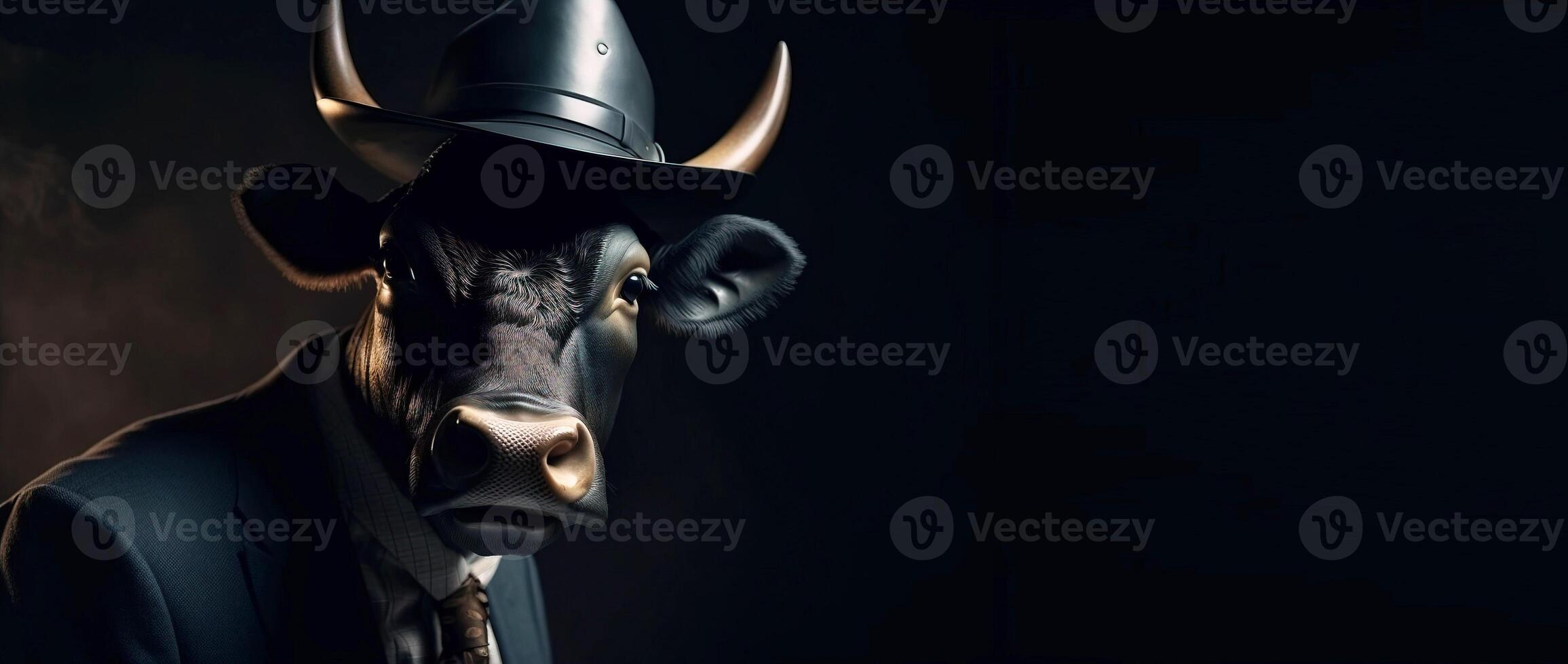 Animal horned bull in cowboy hat gentleman and boss. . Header banner mockup with space. photo