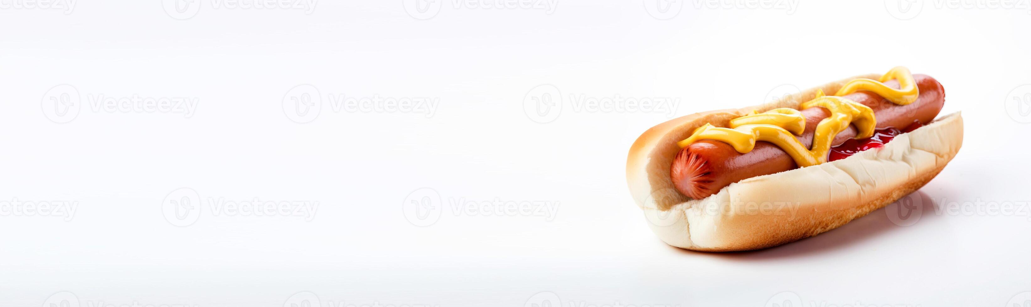 Fresh hot dog with sausage and sauces, mayonnaise, ketchup and mustard. . Header banner mockup with space. photo