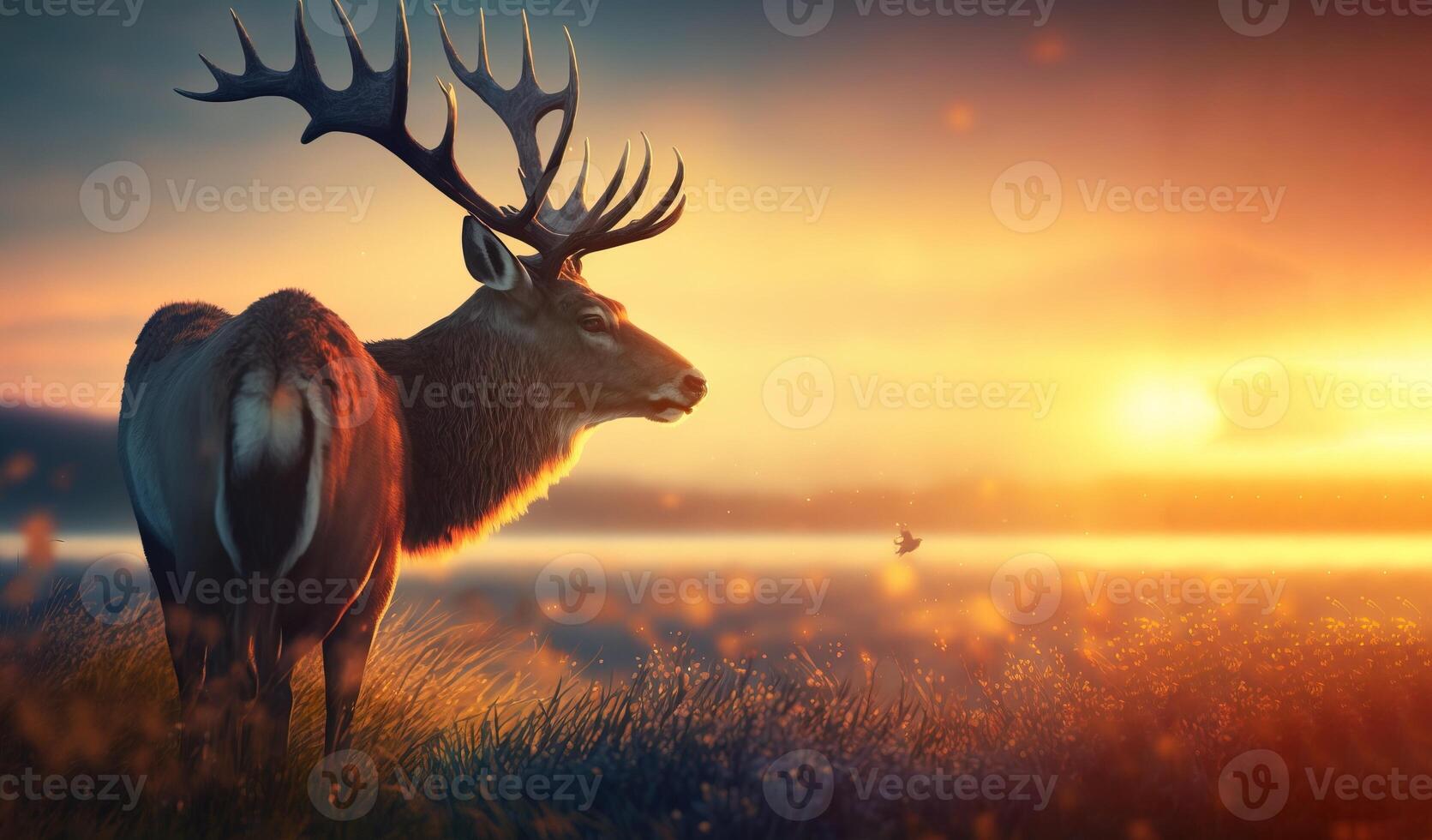 Beautiful deer on a background with a sunrise in a clearing. . photo