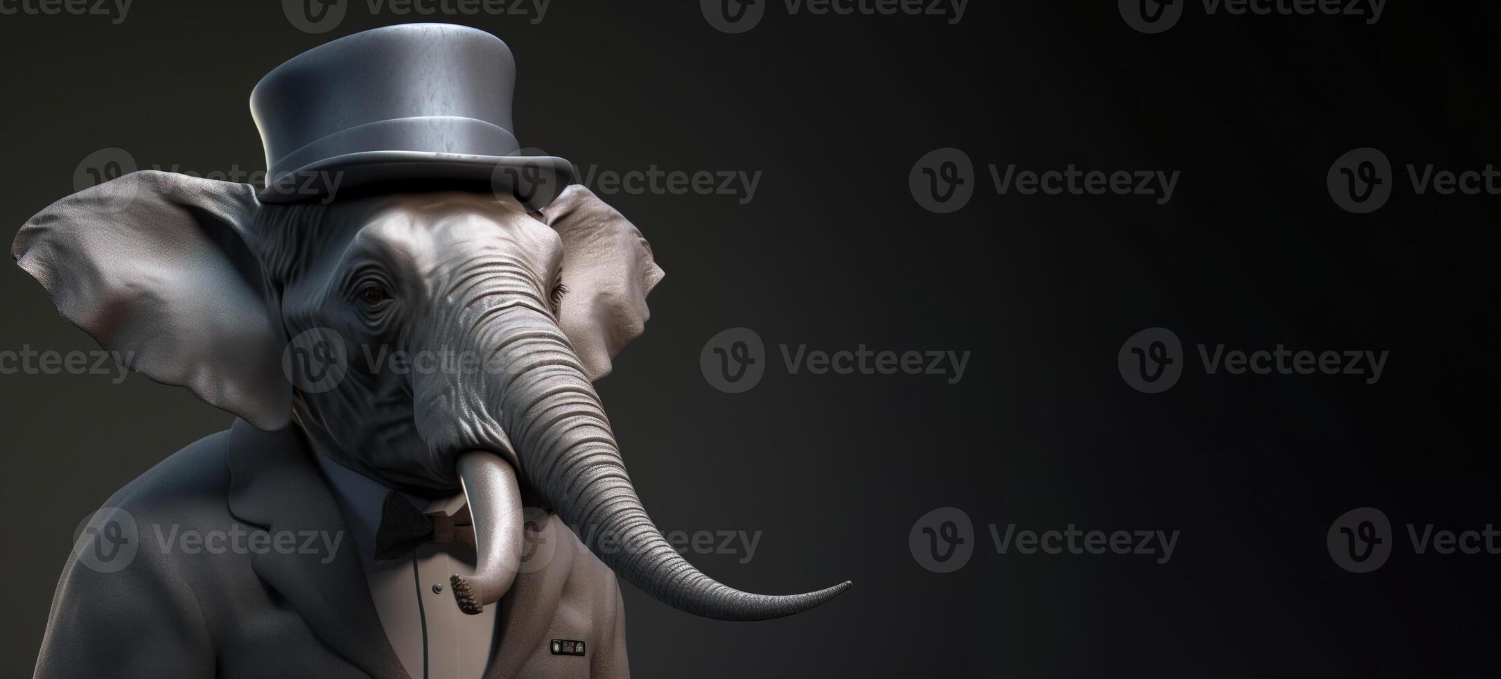 Gentleman boss elephant with a trunk and big ears wearing a hat, suit and tie. Banner header. . photo