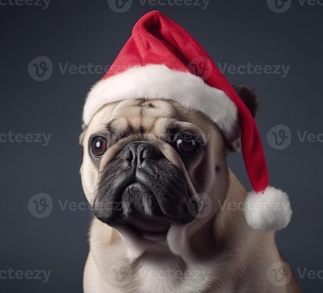 Pet funny dog in a Christmas cap on a dark background, isolate. . photo