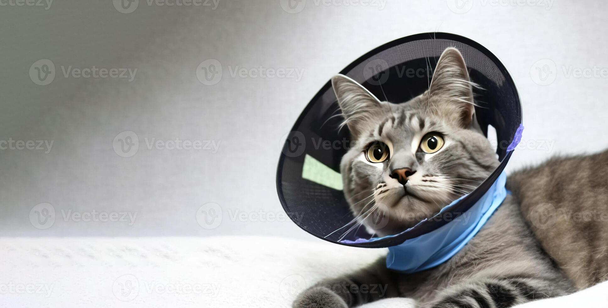 A sick gray cat lies with a medical collar. . photo