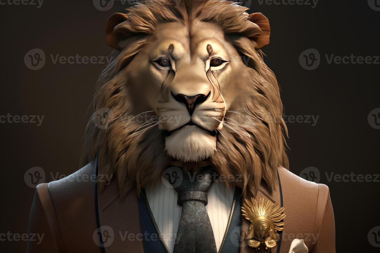 Gentleman, the boss is a formidable lion with a mane in a hat, suit and tie. Banner header. . photo