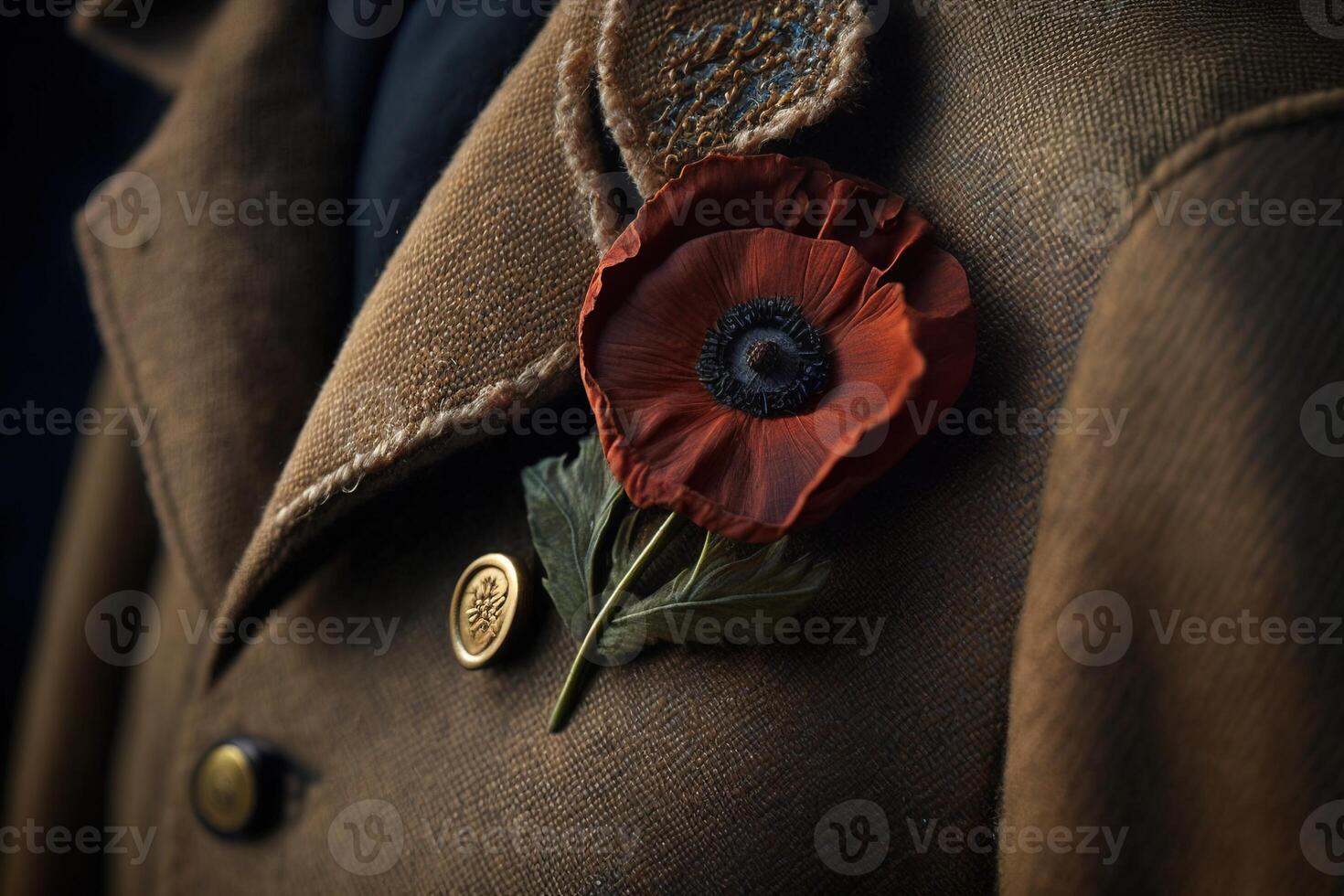 Poppy flower in buttonhole of jacket, symbol of victory in war veteran. . photo