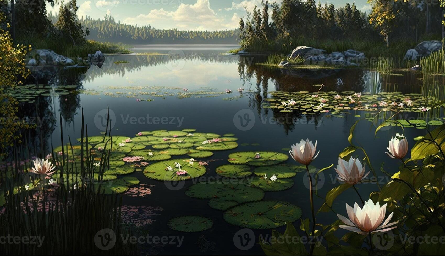 Water lilies on the lake and river against the background of the blue sky. . photo