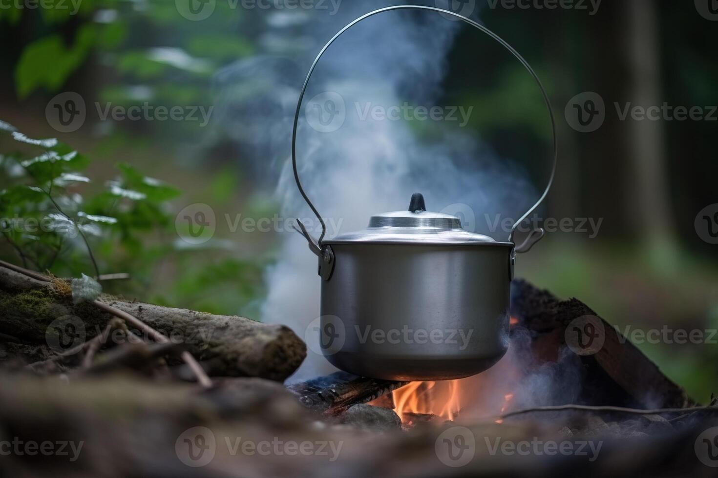 A camping kettle hangs over a fire in the forest in summer. Active holidays on vacation. . photo