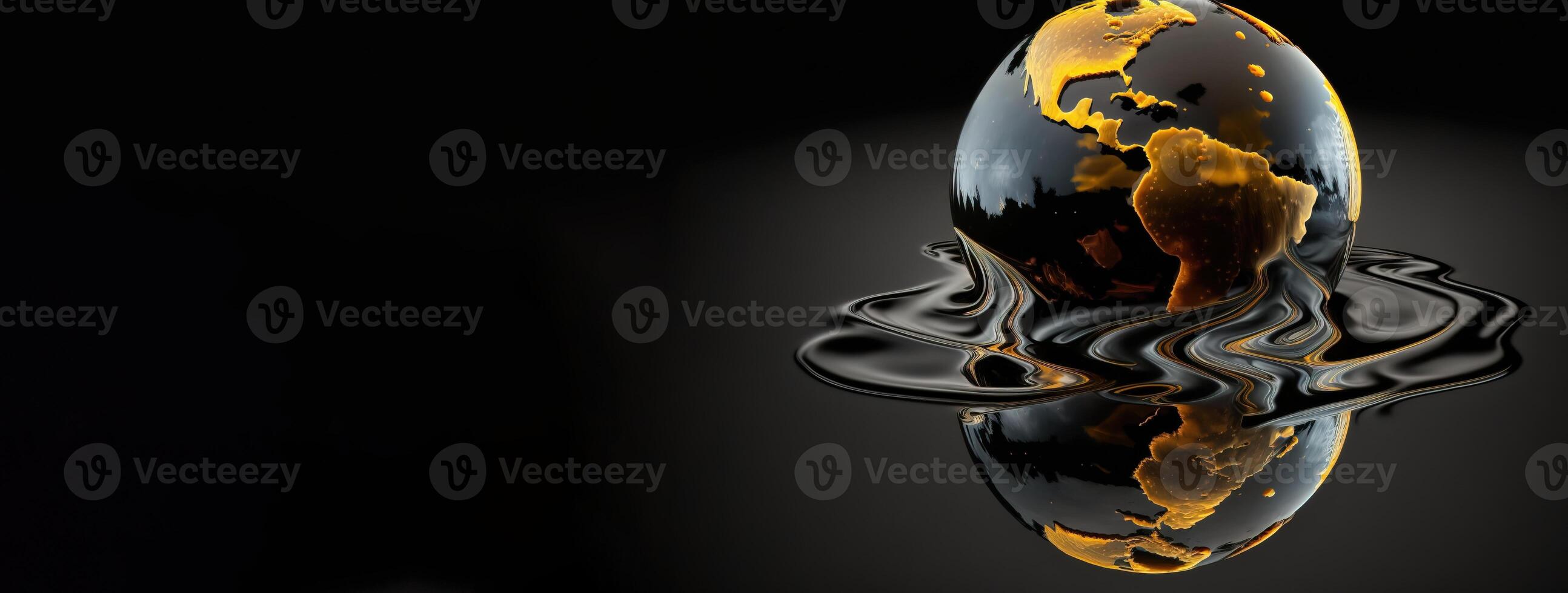 Concept of saving planet, miniature globe floats in oil, black background. . photo