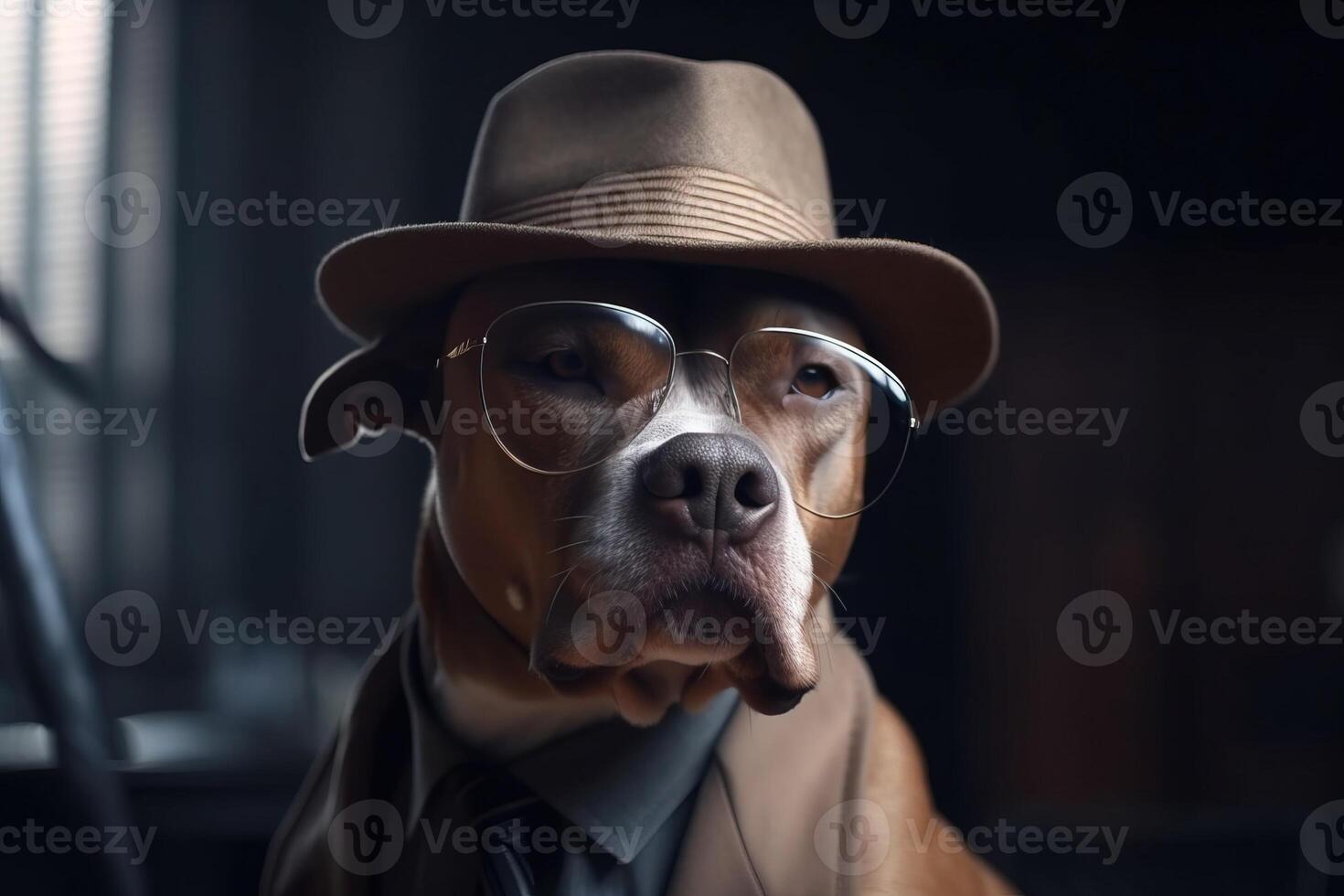 perro Caballero en un traje, atar, sombrero y lentes en un negro antecedentes. ai generado. foto