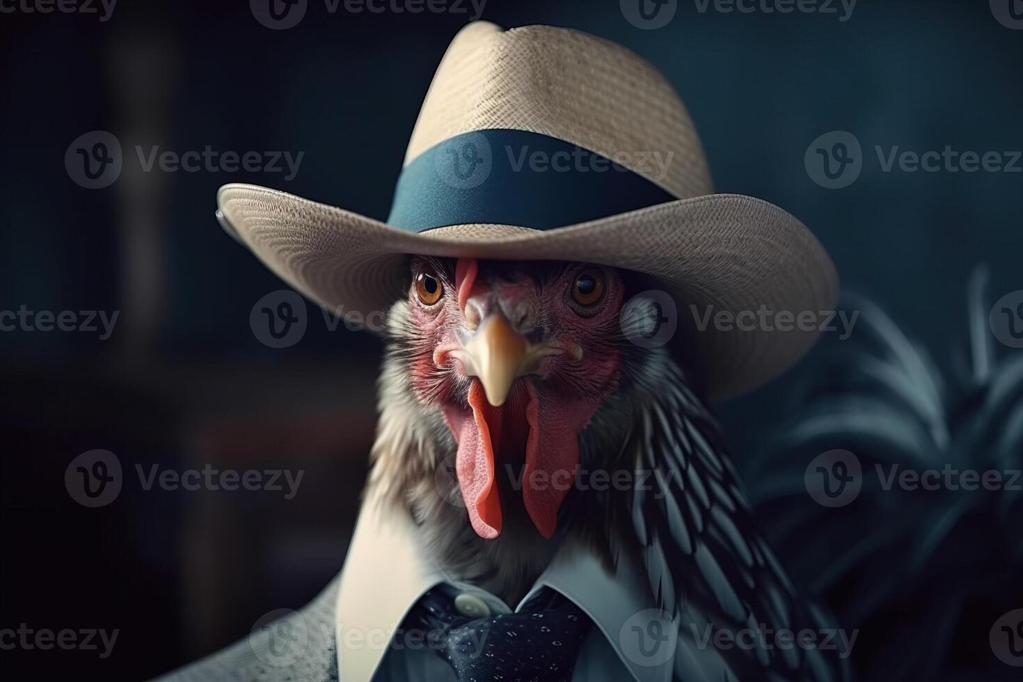 Rooster gentleman in a suit, tie, hat and glasses on a black background. . photo