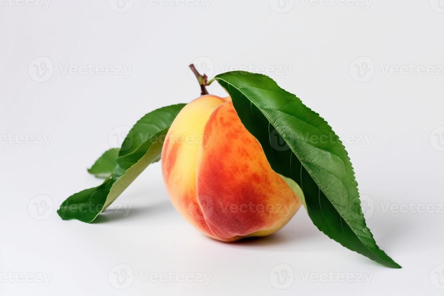Fresh peach with leaf, isolate on white background. Macro studio shot. . photo