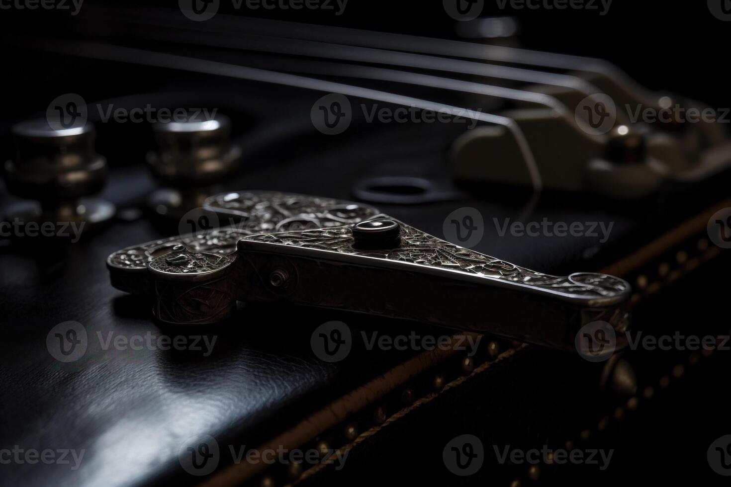 Strings of a musical instrument in a black background and a key for tuning. . photo