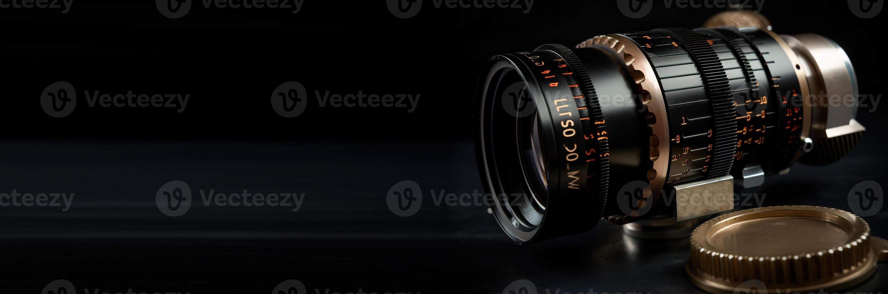 Camera lens with a lens on a black background, retro equipment. . photo