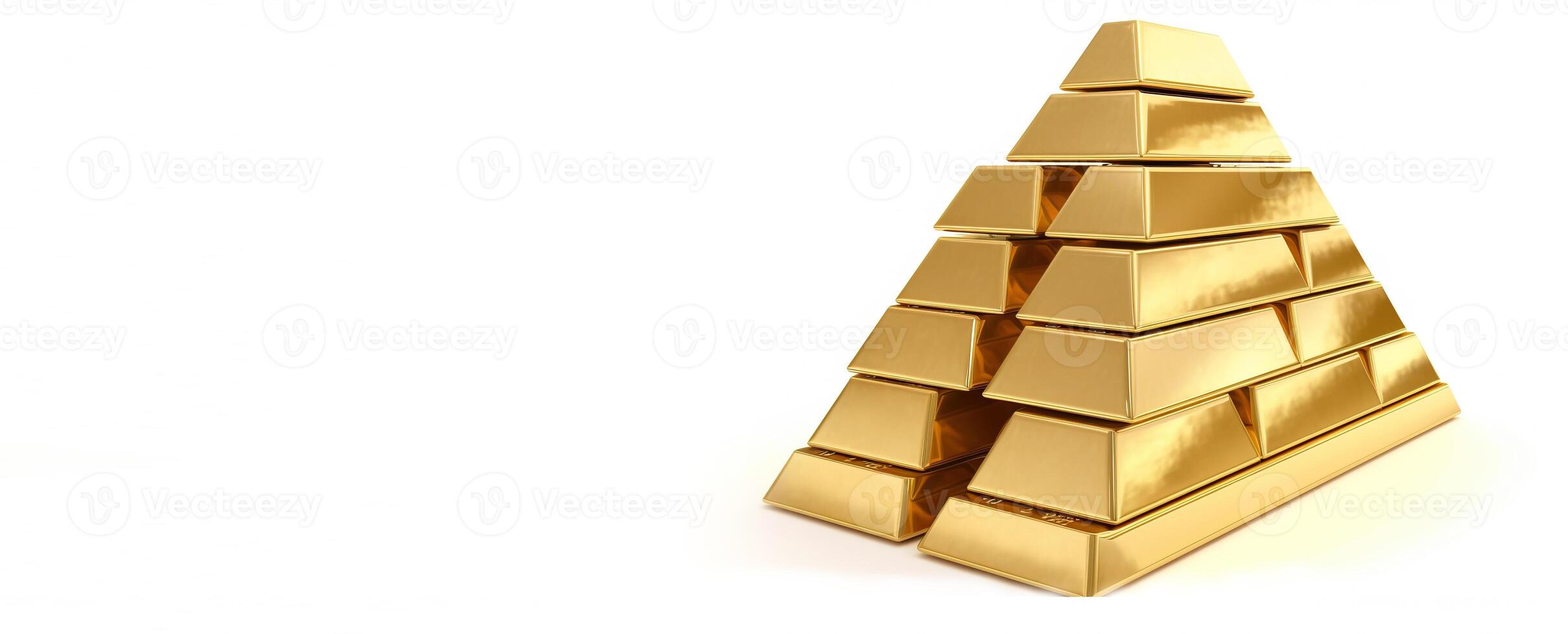 Gold bars stacked in a pyramid on a white background. Header banner mockup with space. . photo