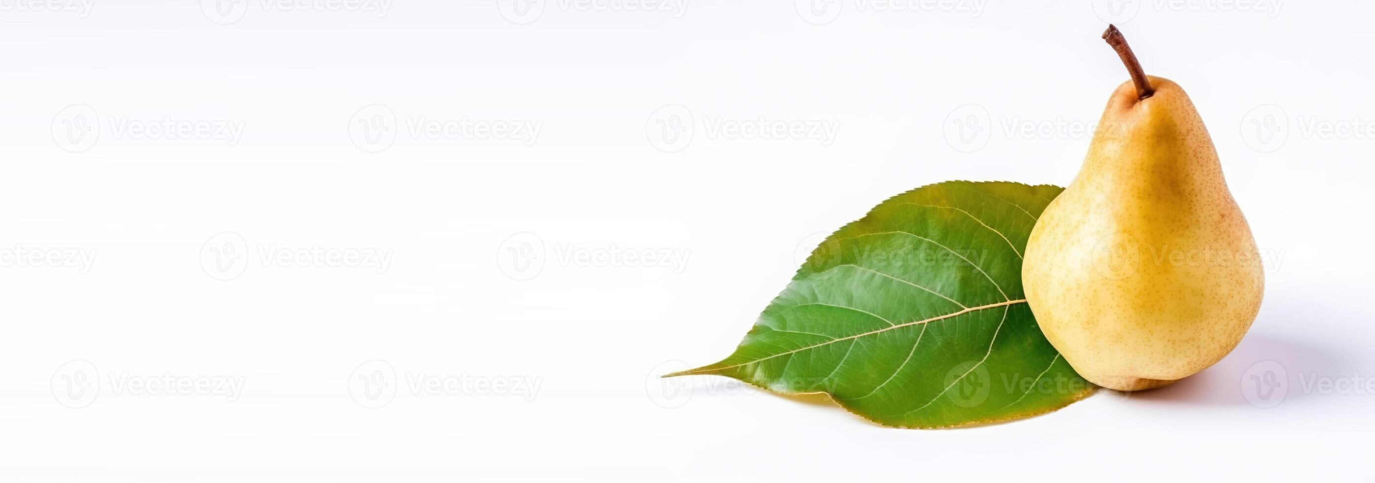 Ripe pear with a leaf, isolate on a white background. Macro studio shot. . Header banner mockup with space. photo