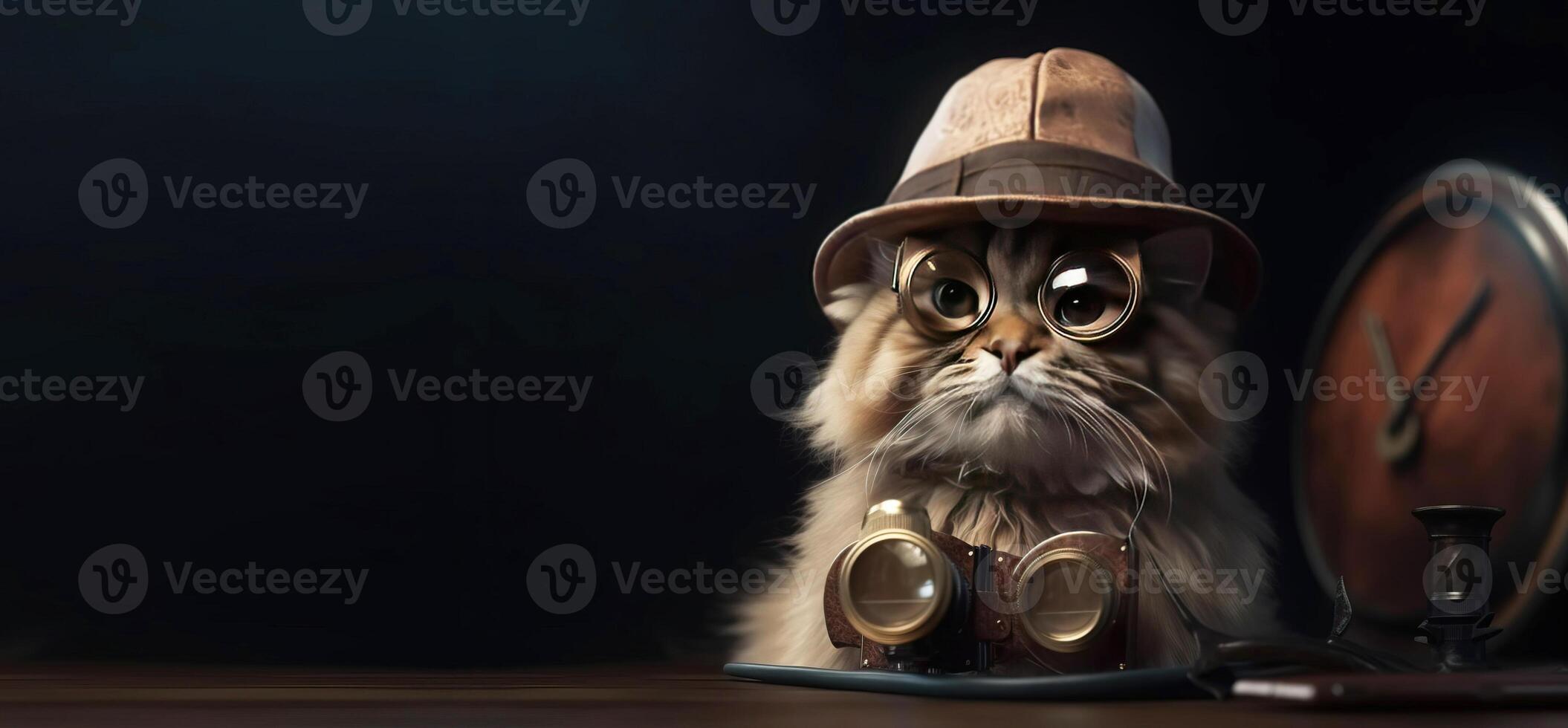 Cat gentleman in a suit, tie, hat and glasseson a black background . . Header banner mockup with space. photo