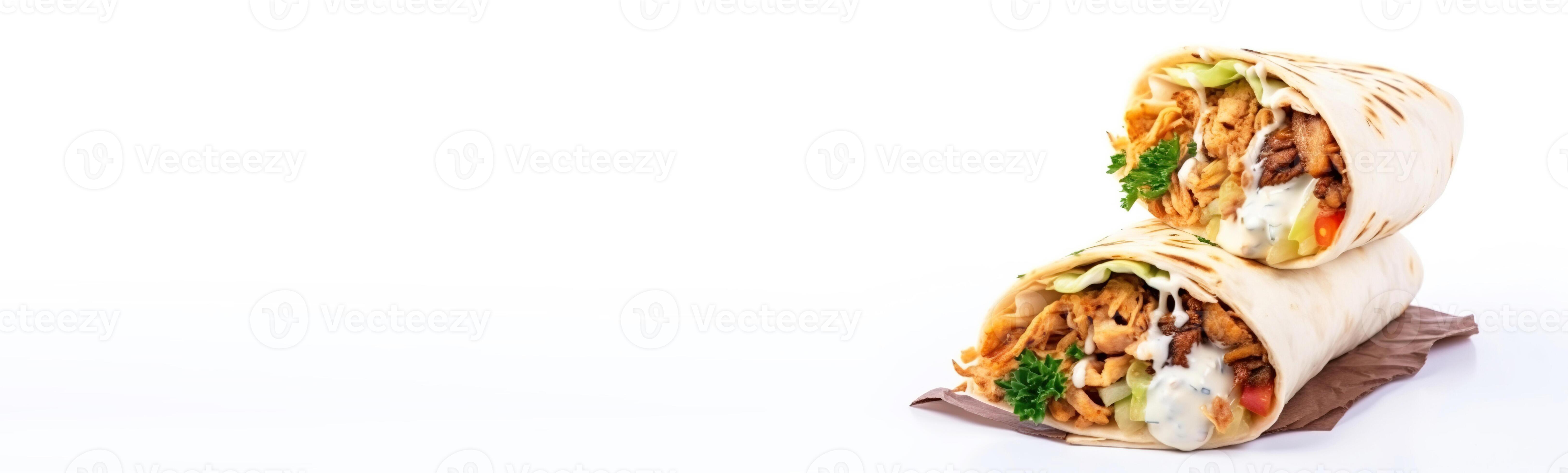 Fresh shawarma with chicken, cheese and tomatoes, on a white background