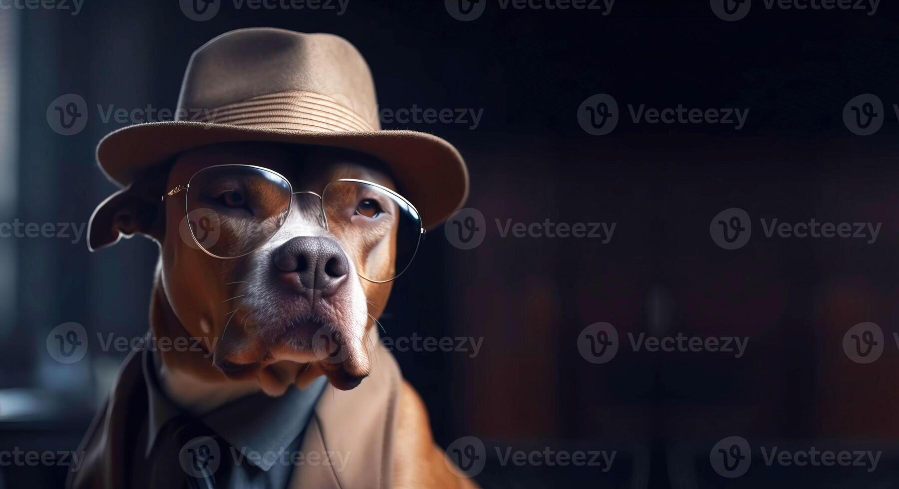 Dog gentleman in a suit, tie, hat and glasses on a black background. . Header banner mockup with space. photo