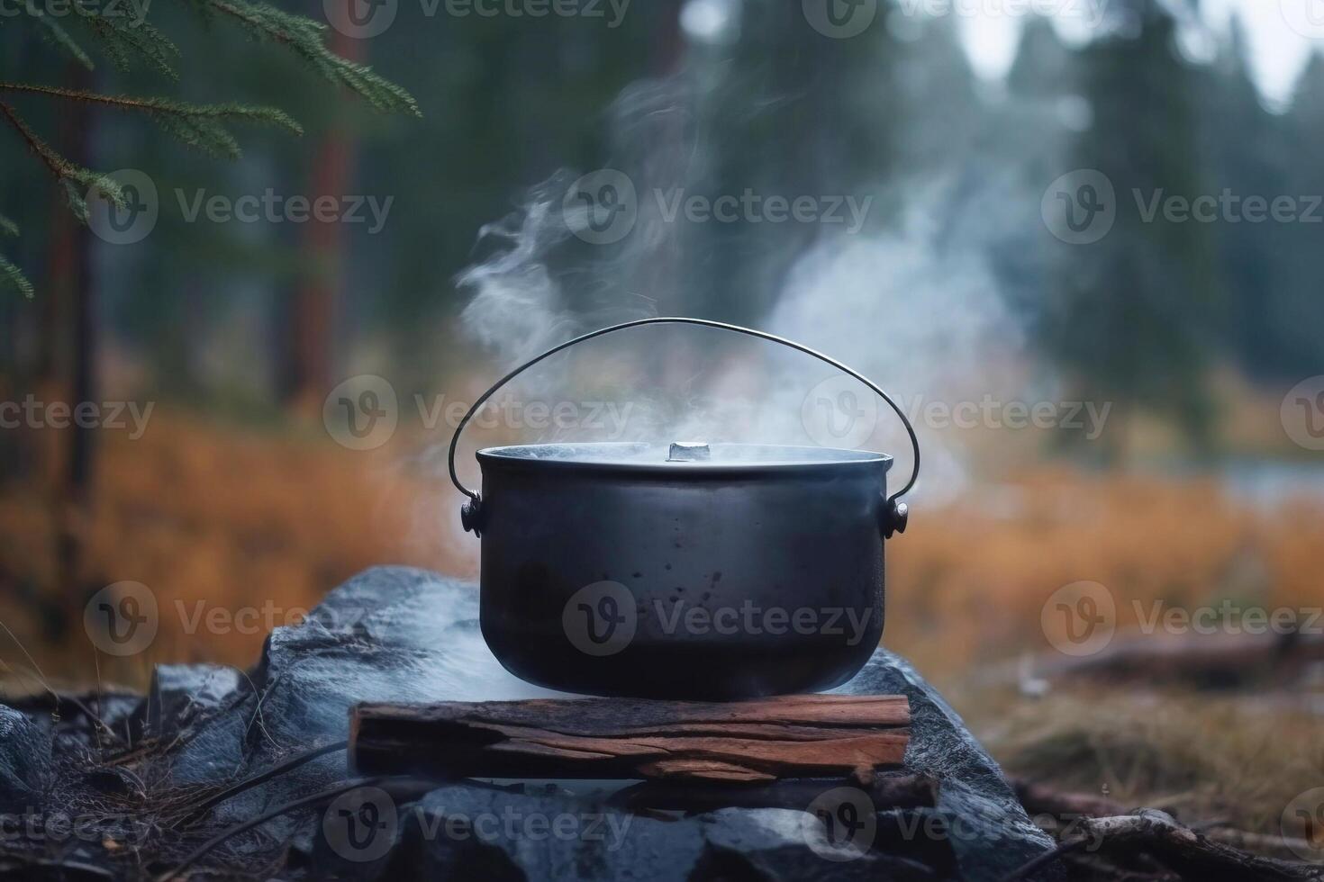 A camping kettle hangs over a fire in the forest in summer. Active holidays on vacation. . photo