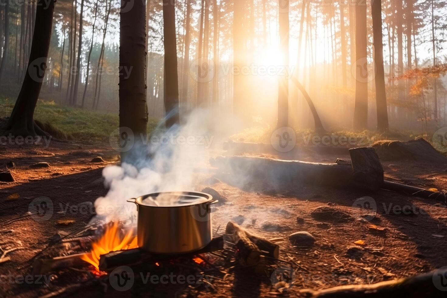 A tent in the forest in the summer by a fire with a pot from which steam comes from food. . photo