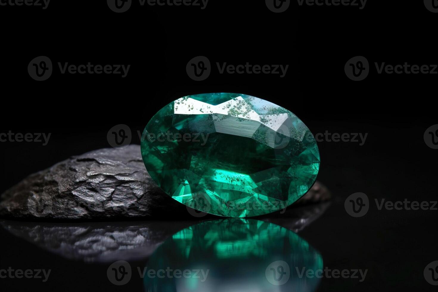 Emerald is a rare precious natural geological stone on a black background in low key. . photo