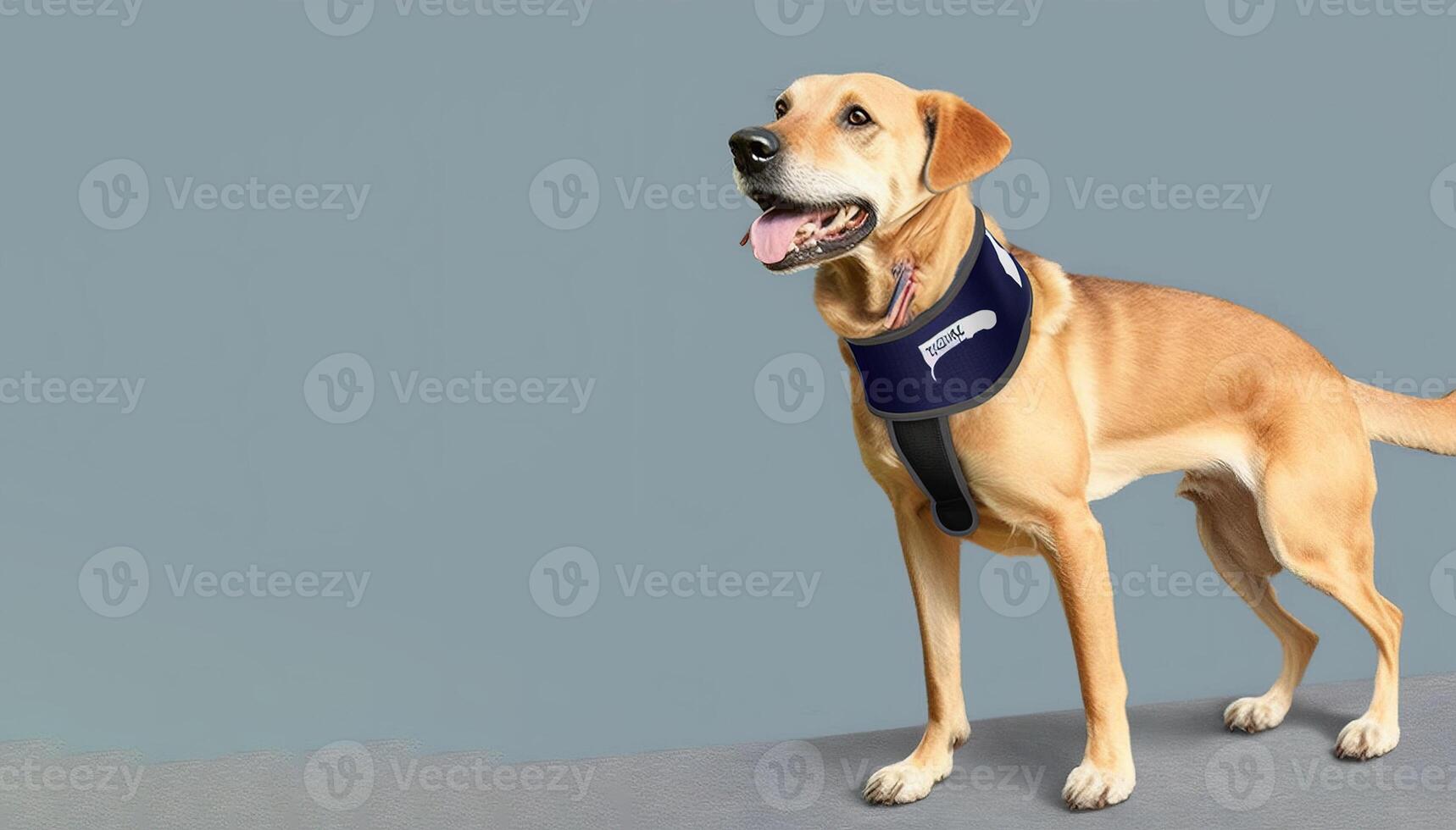 A sick dog sits with a bandage on his chest and a gray background. . photo