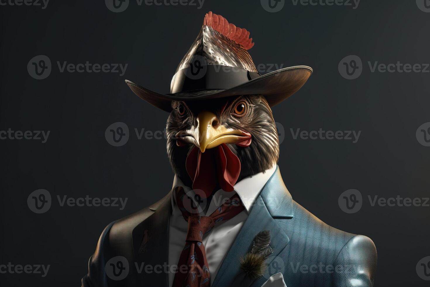 Gentleman, boss rooster with red crest in hat, suit and tie. Banner header. . photo
